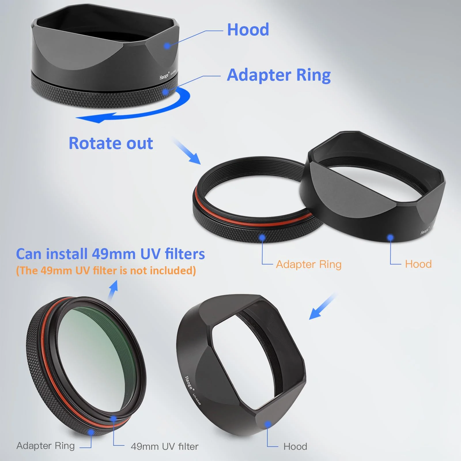 Haoge LH-X54B Square Metal Lens Hood with 49mm Adapter Ring for Fujifilm X100VI Fuji X100V Camera Black - Image 9