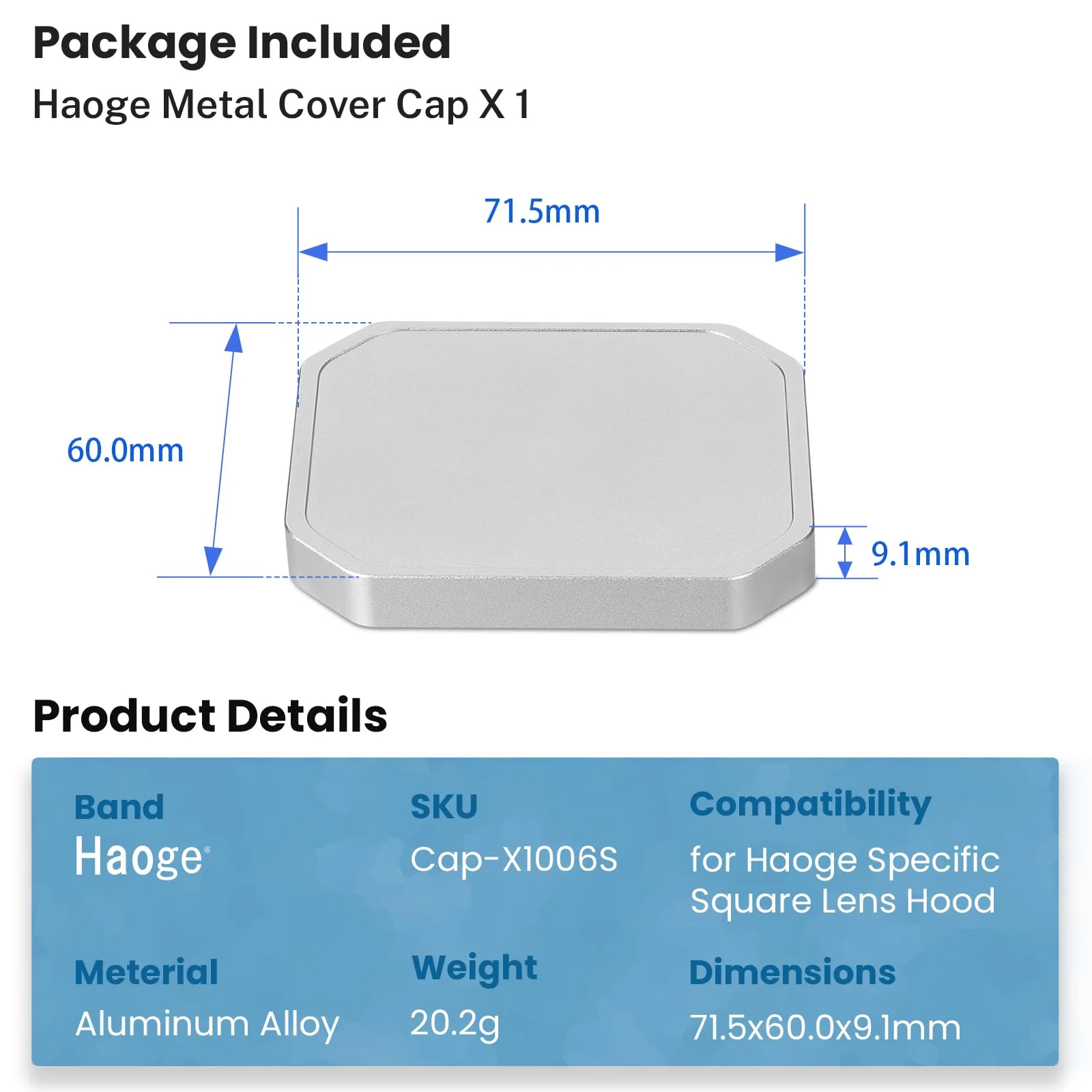 Haoge Square Metal Cover Cap for Haoge Specific Square Lens Hood Silver Cap-X1006S Silver-Cao - Image 6