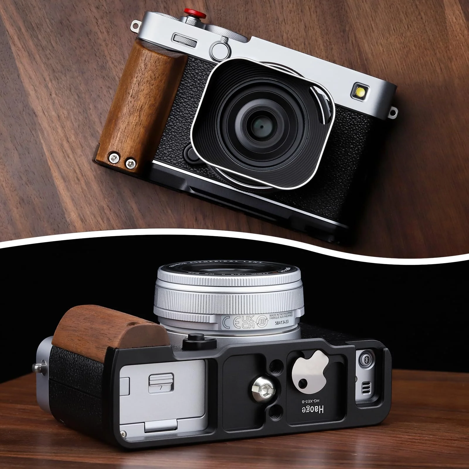 Haoge X-E5 Grip Wooden Side Handle for Fujifilm XE5 Camera - L-Shape Retro Premium Wood Grip with Quick Release Plate, Extra Tripod 1/4 Hole & Hot Shoe Hole Black HG-XE5-B - Image 2