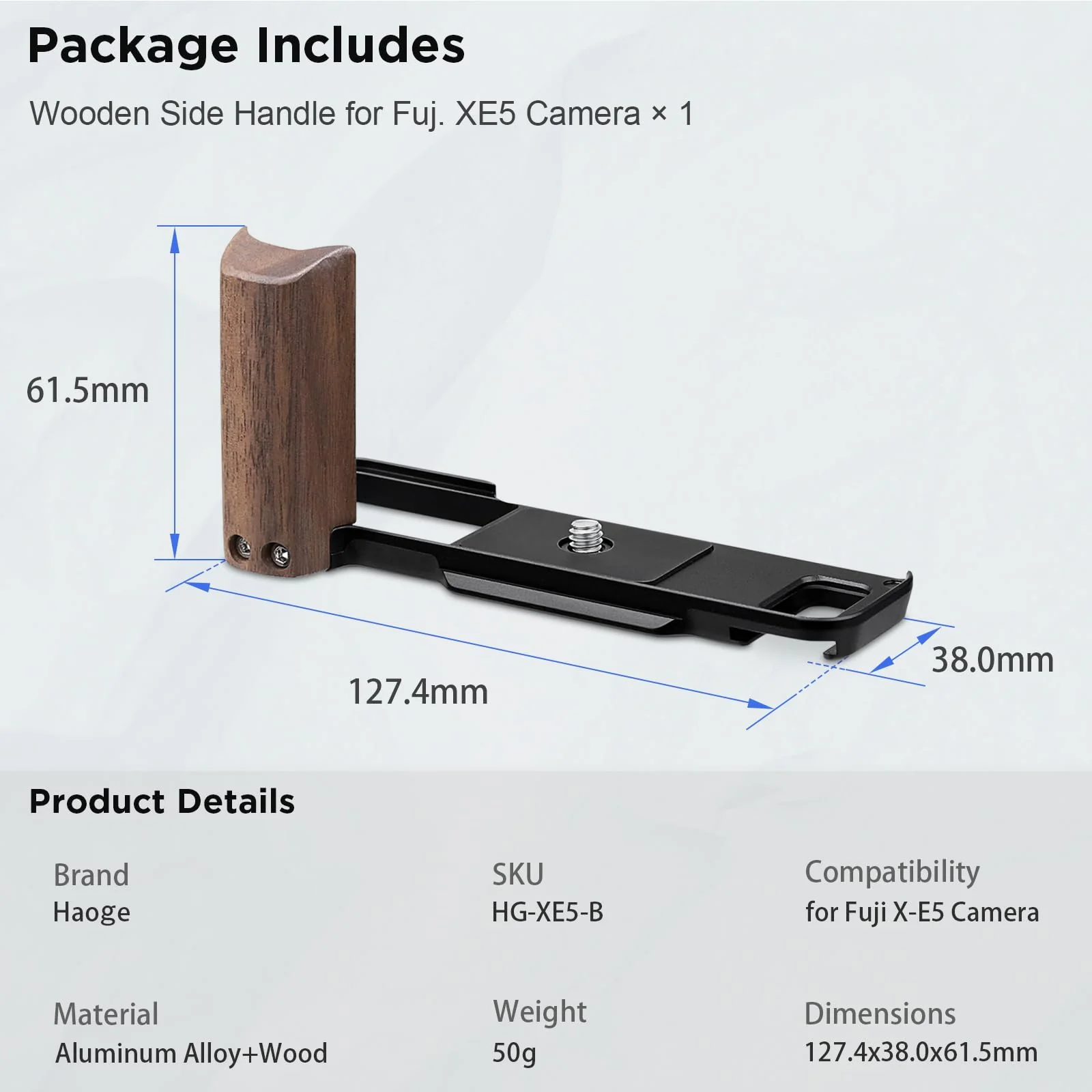 Haoge X-E5 Grip Wooden Side Handle for Fujifilm XE5 Camera - L-Shape Retro Premium Wood Grip with Quick Release Plate, Extra Tripod 1/4 Hole & Hot Shoe Hole Black HG-XE5-B - Image 6