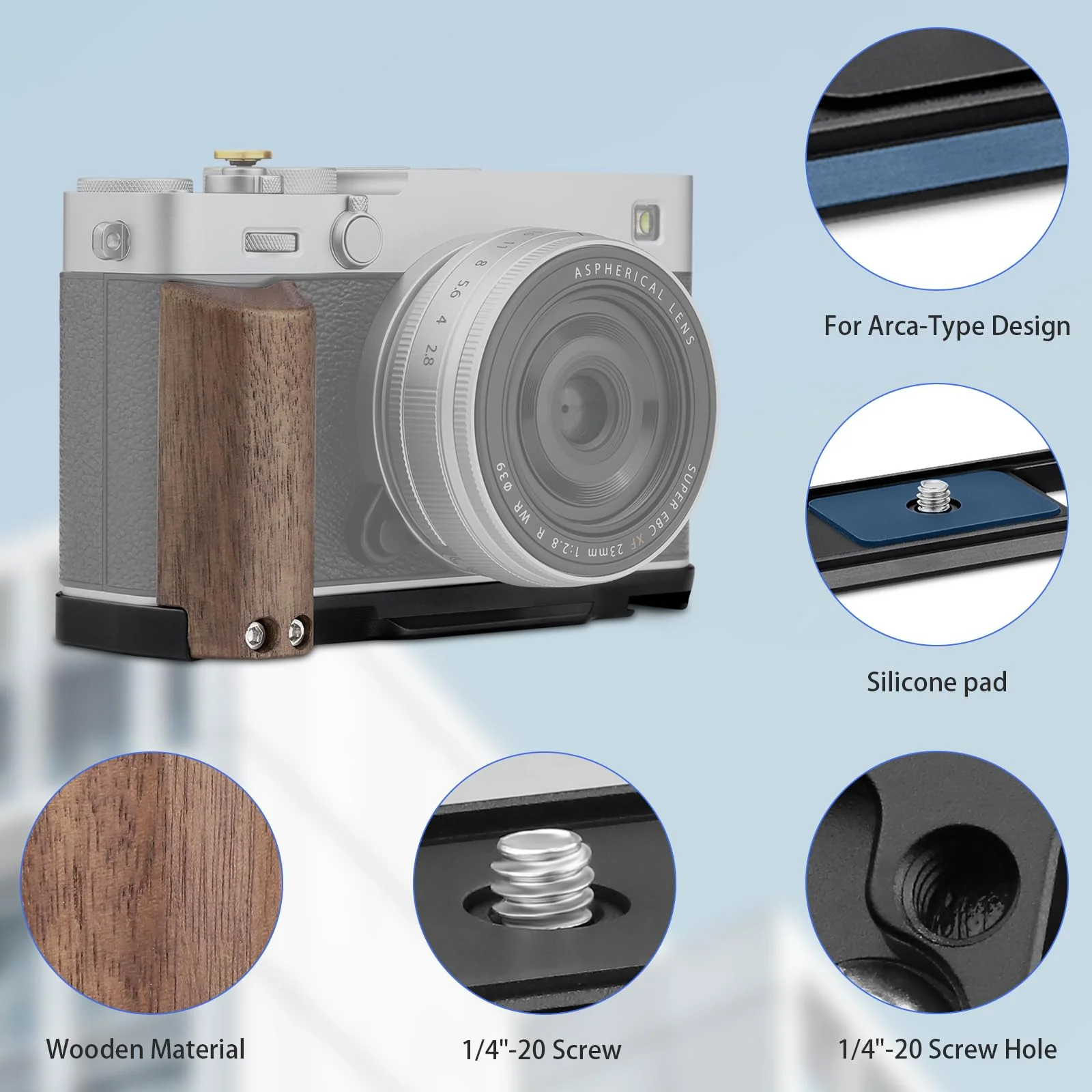 Haoge X-E5 Grip Wooden Side Handle for Fujifilm XE5 Camera - L-Shape Retro Premium Wood Grip with Quick Release Plate, Extra Tripod 1/4 Hole & Hot Shoe Hole Black HG-XE5-B - Image 8