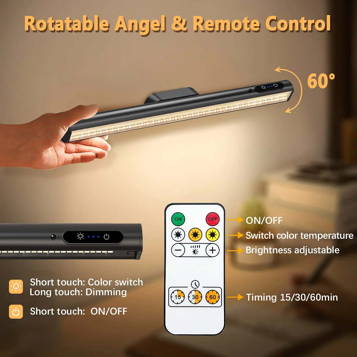 Hapfish Battery Powered Operated Wall Strip Lights, Rechargeable Magnetic LED Light Bar with Remote, Dimmable Desk Lamp, Under Cabinet Lighting Wireless for Mirror Closet Picture Room Kitchen - Black Without Motion Sensor - Image 4
