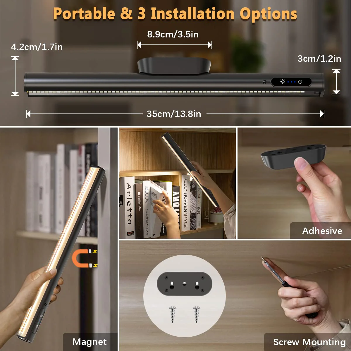 Hapfish Battery Powered Operated Wall Strip Lights, Rechargeable Magnetic LED Light Bar with Remote, Dimmable Desk Lamp, Under Cabinet Lighting Wireless for Mirror Closet Picture Room Kitchen - Black Without Motion Sensor - Image 5