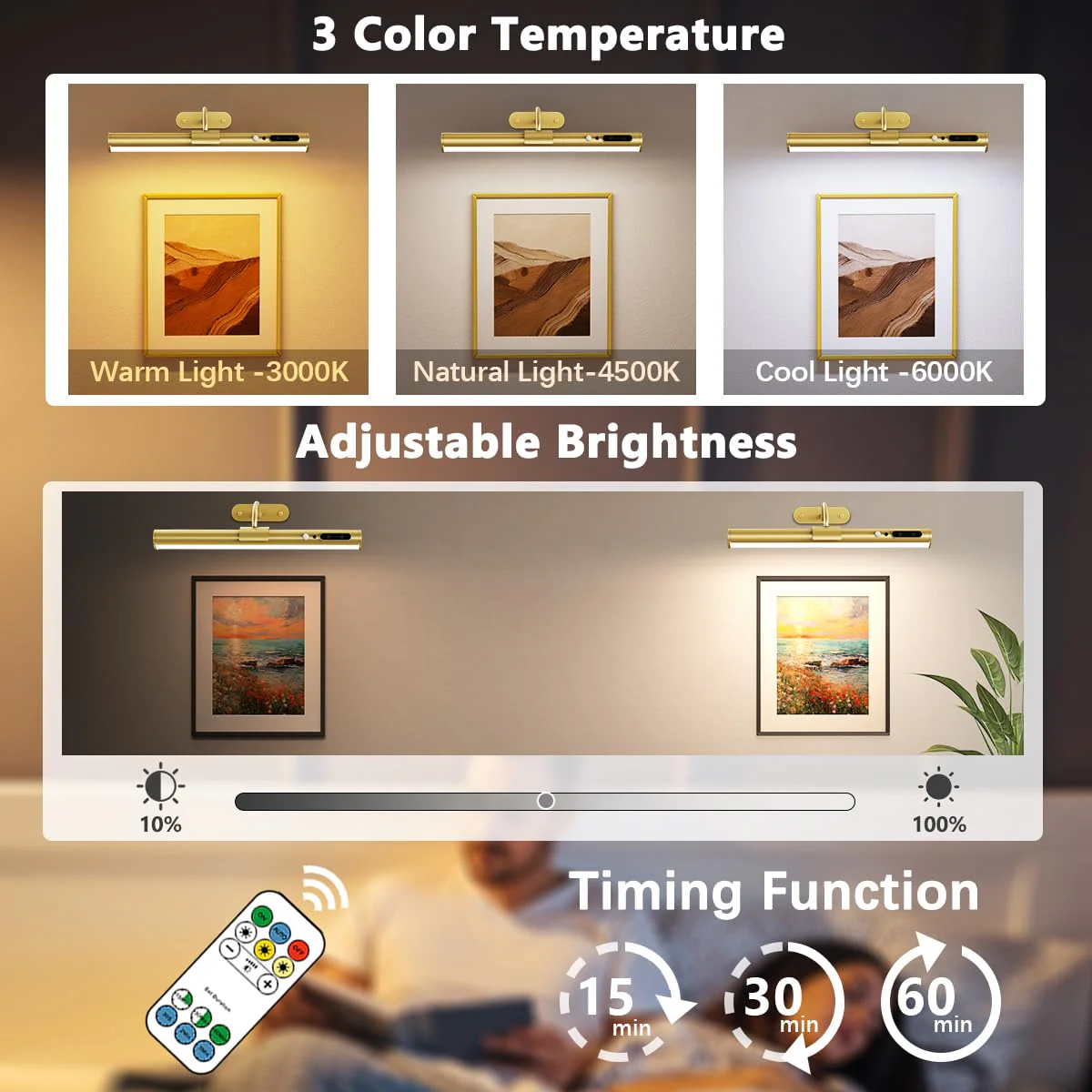 Hapfish Motion Sensor Battery Operated Wall Sconce, Wireless Picture Lights for Wall, Rechargeable Magnetic Art Lighting with Remote Control, Battery Picture Light for Poster Dartboard Mirror – Gold Motion Sensor Gold - Image 2