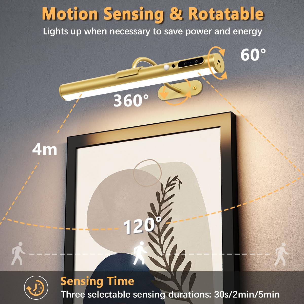 Hapfish Motion Sensor Battery Operated Wall Sconce, Wireless Picture Lights for Wall, Rechargeable Magnetic Art Lighting with Remote Control, Battery Picture Light for Poster Dartboard Mirror – Gold Motion Sensor Gold - Image 4