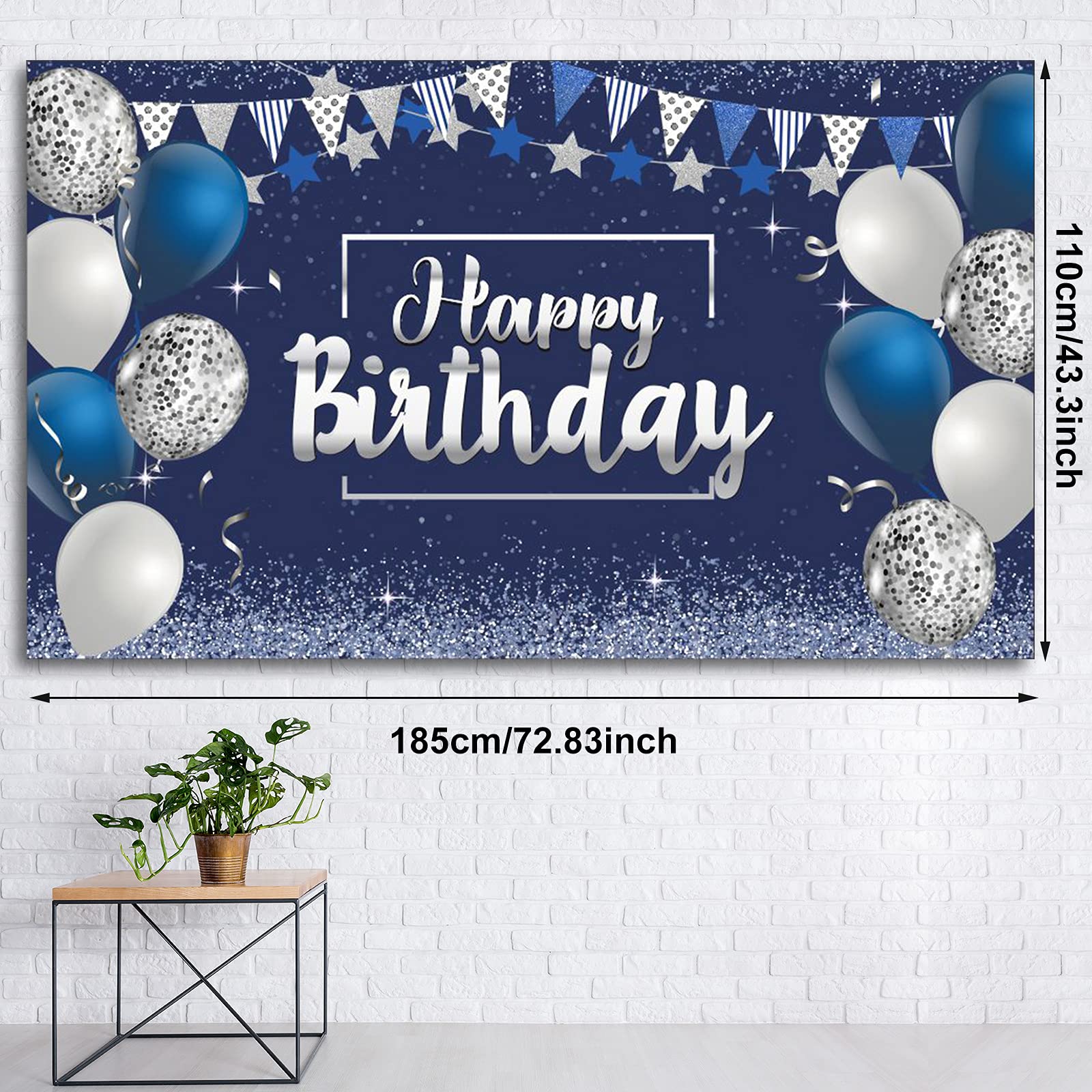 Happy Birthday Decorations Backdrop, Glitter Birthday Backdrop Sign, Happy Birthday Banner, Birthday Party Supplies Photo Background for Children Men Women, 72.8 x 43.3 Inch (Silver and Navy Blue) Silver and Navy Blue - Image 2