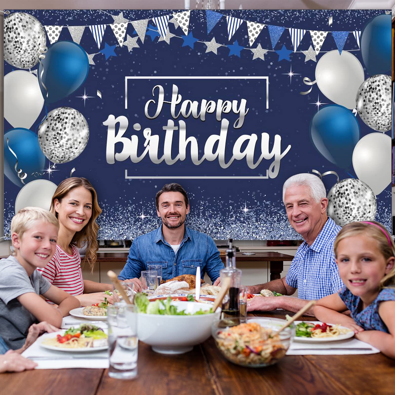 Happy Birthday Decorations Backdrop, Glitter Birthday Backdrop Sign, Happy Birthday Banner, Birthday Party Supplies Photo Background for Children Men Women, 72.8 x 43.3 Inch (Silver and Navy Blue) Silver and Navy Blue - Image 4