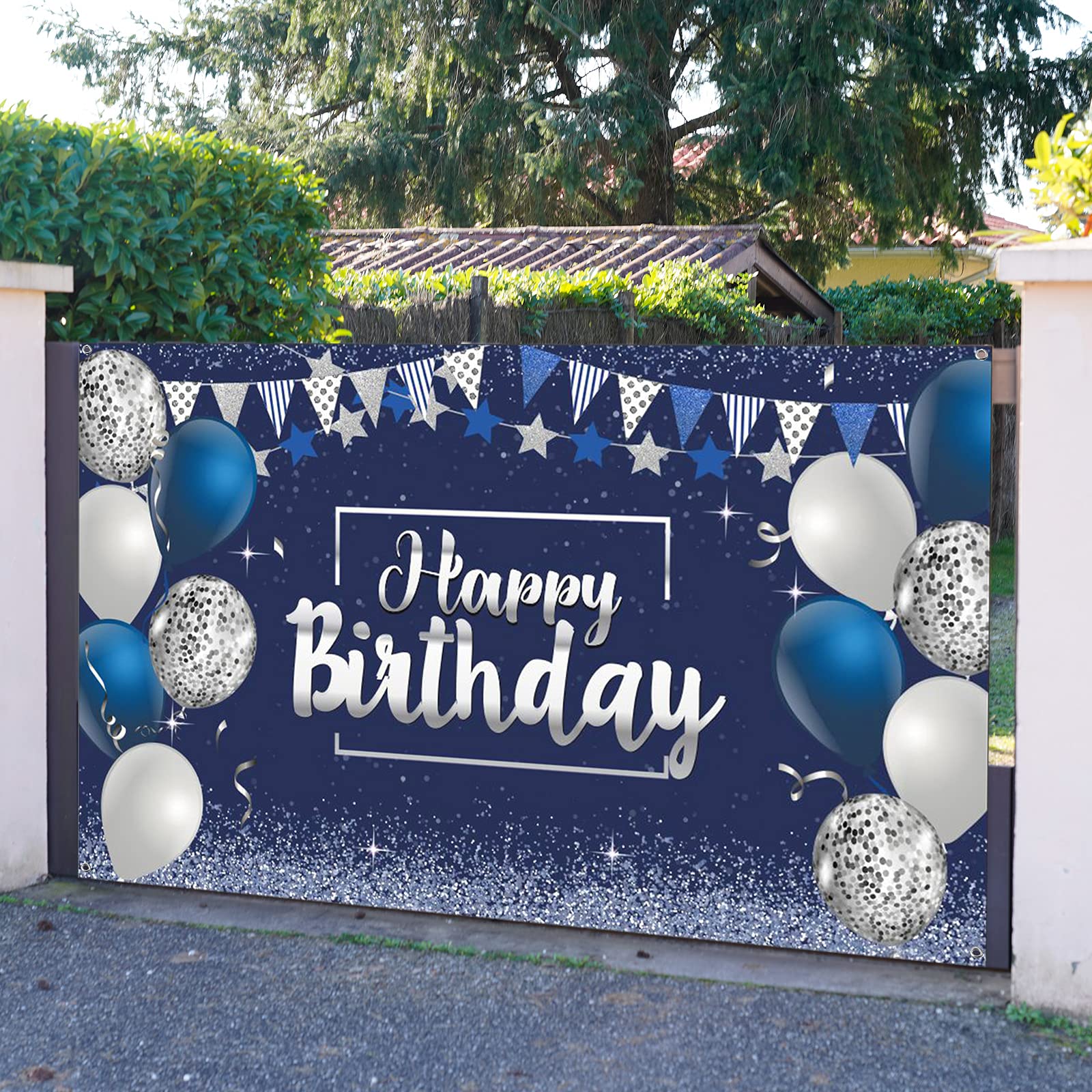 Happy Birthday Decorations Backdrop, Glitter Birthday Backdrop Sign, Happy Birthday Banner, Birthday Party Supplies Photo Background for Children Men Women, 72.8 x 43.3 Inch (Silver and Navy Blue) Silver and Navy Blue - Image 5