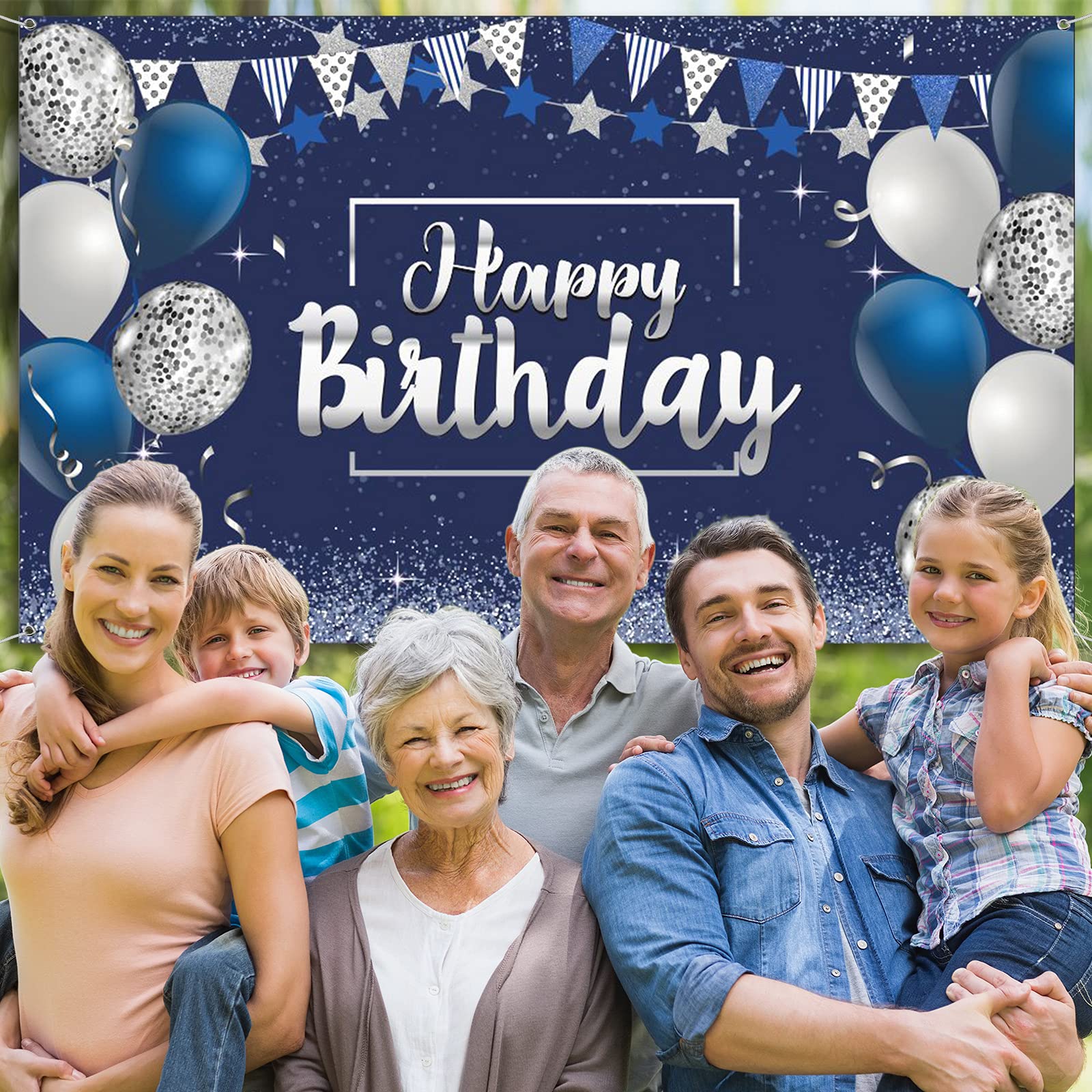 Happy Birthday Decorations Backdrop, Glitter Birthday Backdrop Sign, Happy Birthday Banner, Birthday Party Supplies Photo Background for Children Men Women, 72.8 x 43.3 Inch (Silver and Navy Blue) Silver and Navy Blue - Image 6