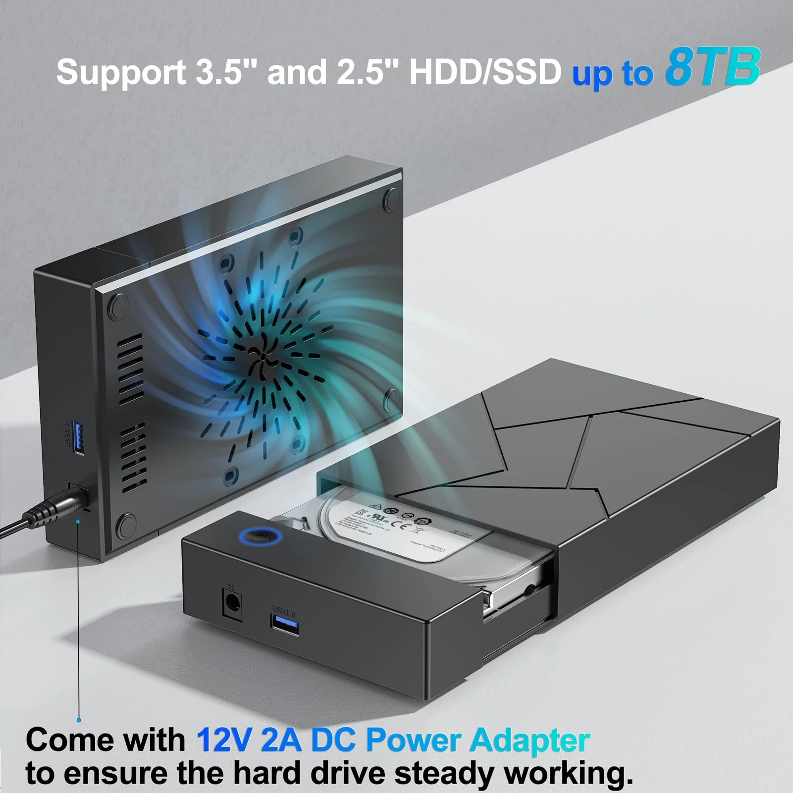 Hard Drive Enclosure 3.5, FEMORO USB 3.0 External Hard Drive Case with 12V Power Adapter for 3.5 2.5 inch SATA HDD SSD Reader, up to 8TB, Support UASP for Laptop Computer 2.5''+3.5'' - Image 3