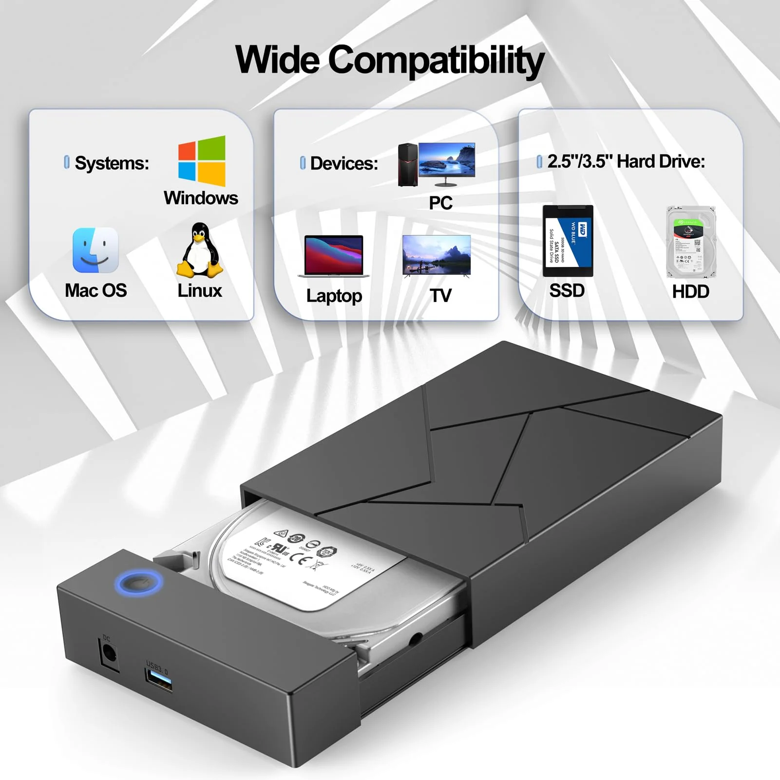 Hard Drive Enclosure 3.5, FEMORO USB 3.0 External Hard Drive Case with 12V Power Adapter for 3.5 2.5 inch SATA HDD SSD Reader, up to 8TB, Support UASP for Laptop Computer 2.5''+3.5'' - Image 8