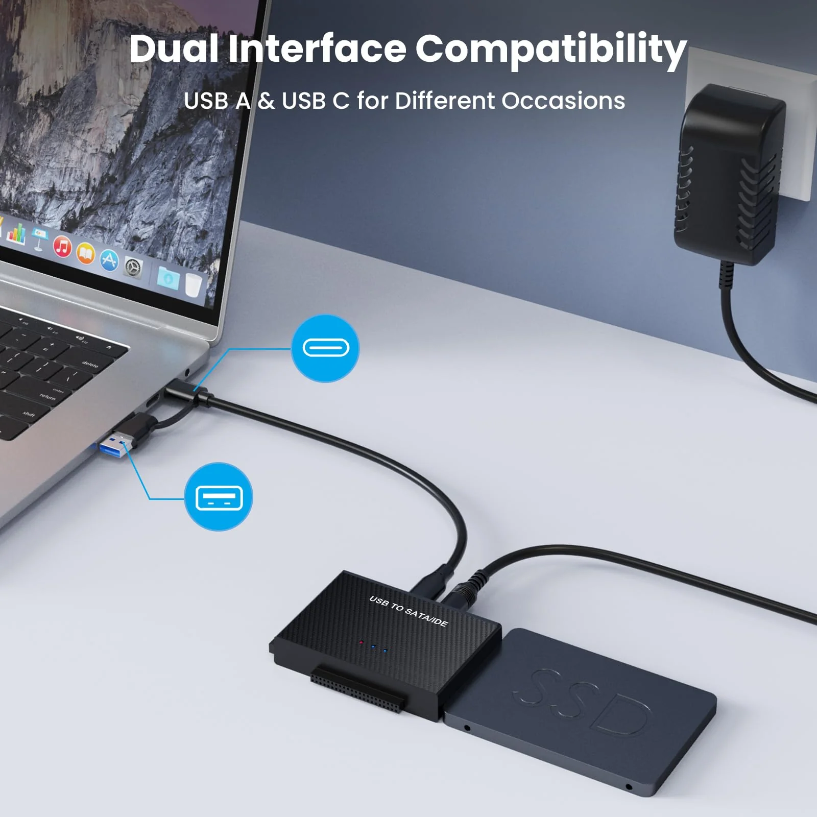 Hard Drive Reader USB 3.0 to SATA IDE Adapter，IDE SATA to USB + Type C External Hard Drive Adapter Data Recovery Converter Kit for Universal 2.5 3.5 HDD SSD Hard Drive Disk, with 12V/2A Power Adapter - Image 2