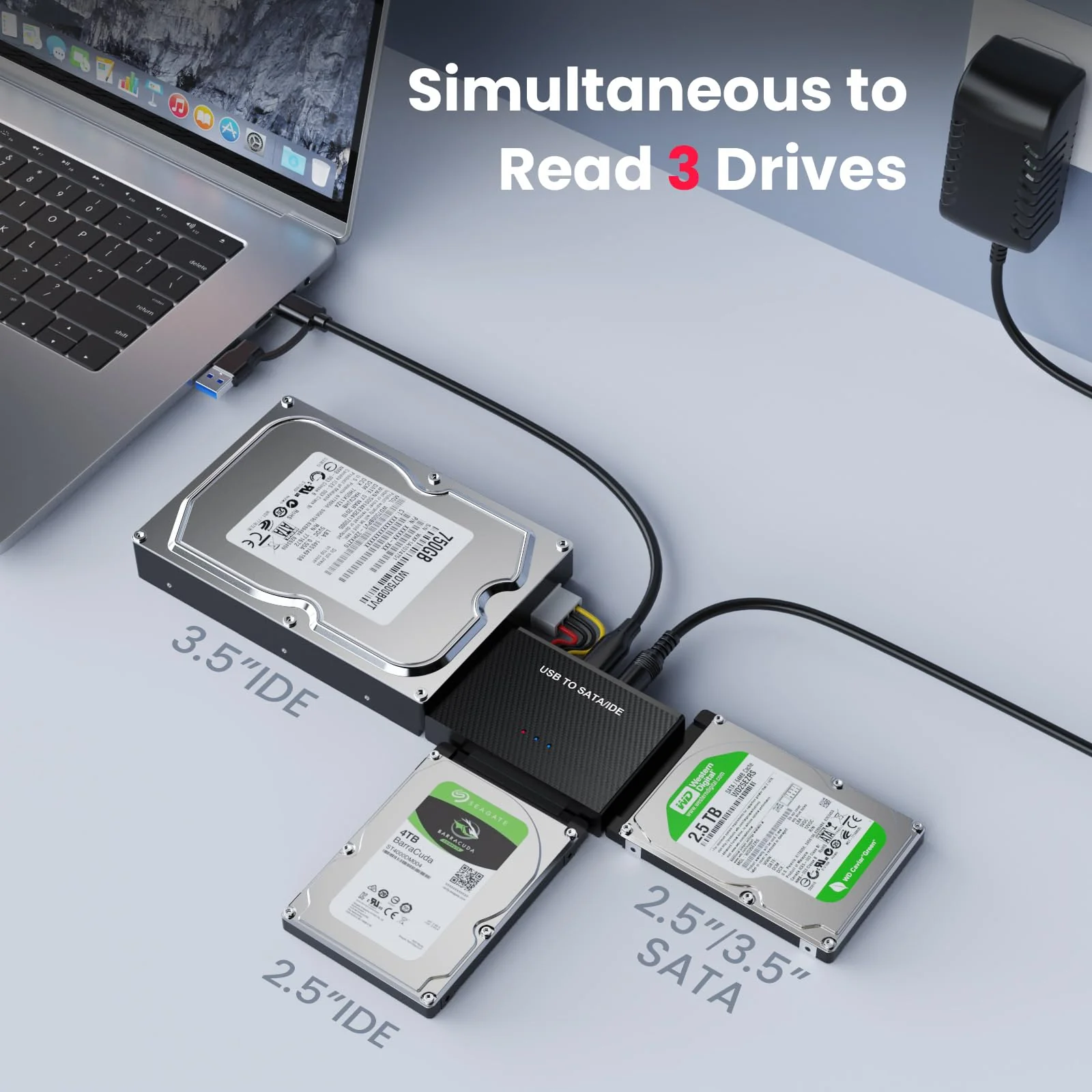 Hard Drive Reader USB 3.0 to SATA IDE Adapter，IDE SATA to USB + Type C External Hard Drive Adapter Data Recovery Converter Kit for Universal 2.5 3.5 HDD SSD Hard Drive Disk, with 12V/2A Power Adapter - Image 3