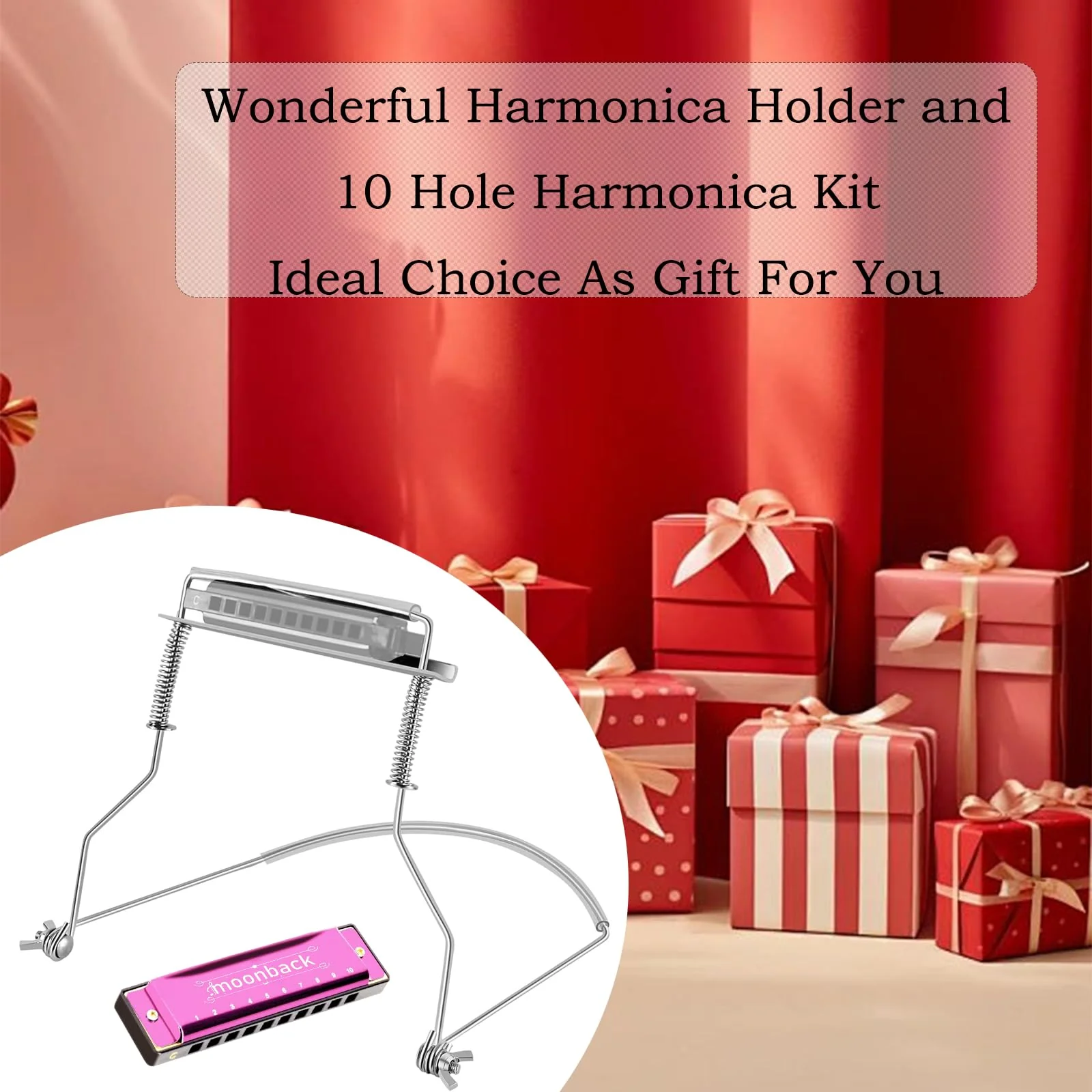 Harmonica, Harmonica Holder Set, 10 Holes Harmonica Diatonic Blues Harmonica Key of C, Adjustable Professional Harmonica Holder Neck For Beginner, Students, Adult, Friends, Gift Update Pink - Image 7