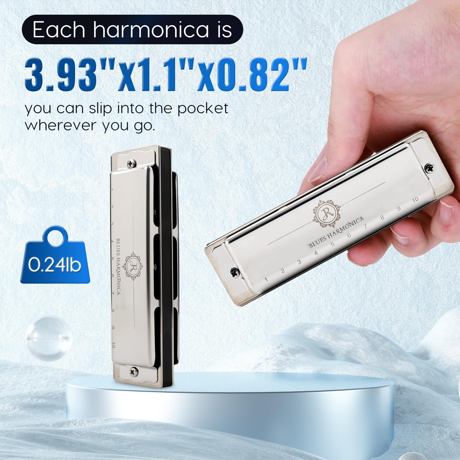 Harmonica Key of C 10 Holes 20 Tones Blues Harp Diatonic Mouth Organ Armonica with EVA Protective Case for Adults Beginner Intermediate Rock Jazz Gift Silver JDR North - Image 3