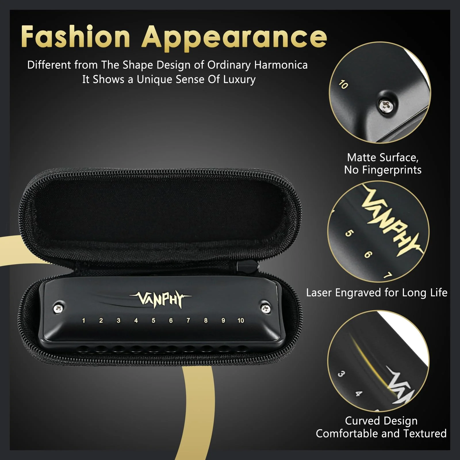 Harmonica VANPHY C Harmonica 10 Holes 20 Tones Blues Diatonic Mouth Organ for Kids Beginners Students Adults & Professionals with Case（Black） Black - Image 2