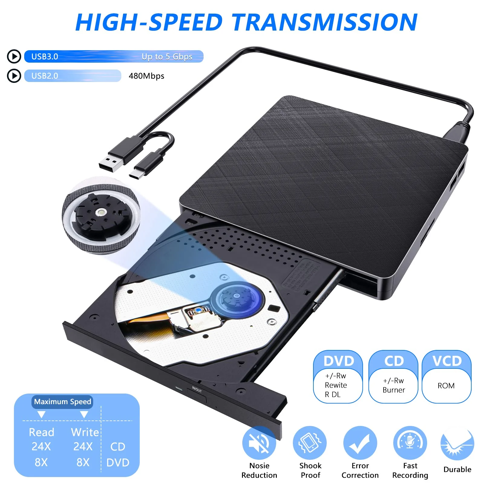 HATOKU External CD/DVD Drive for Laptop (USB 3.0 & USB-C): 8X DVD/24X CD Burner Writer - Portable DVD Player for Laptop - Plug & Play External CD Drive for PC Desktop Windows 11 10 8 7 MacOS Linux Black - Image 2