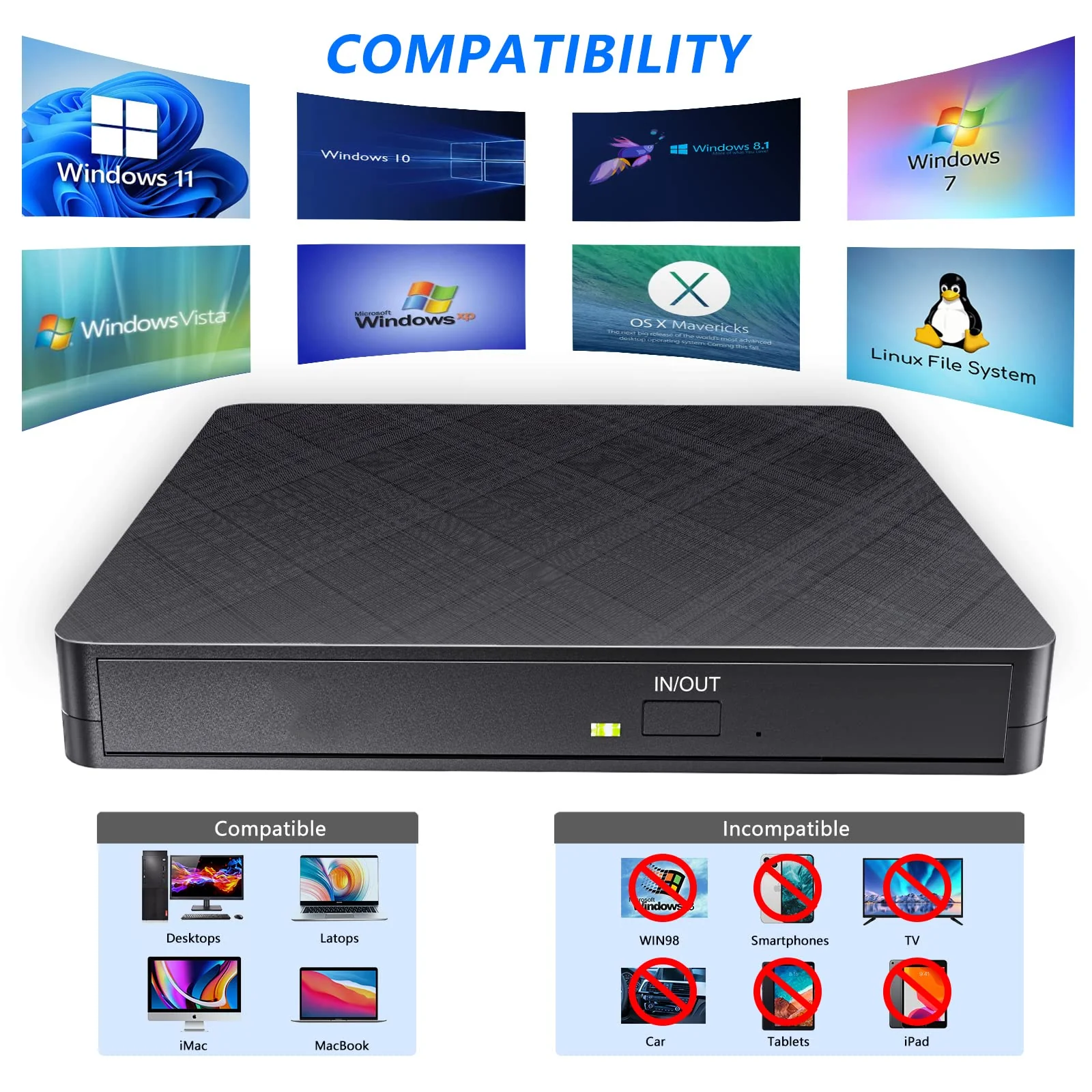 HATOKU External CD/DVD Drive for Laptop (USB 3.0 & USB-C): 8X DVD/24X CD Burner Writer - Portable DVD Player for Laptop - Plug & Play External CD Drive for PC Desktop Windows 11 10 8 7 MacOS Linux Black - Image 3