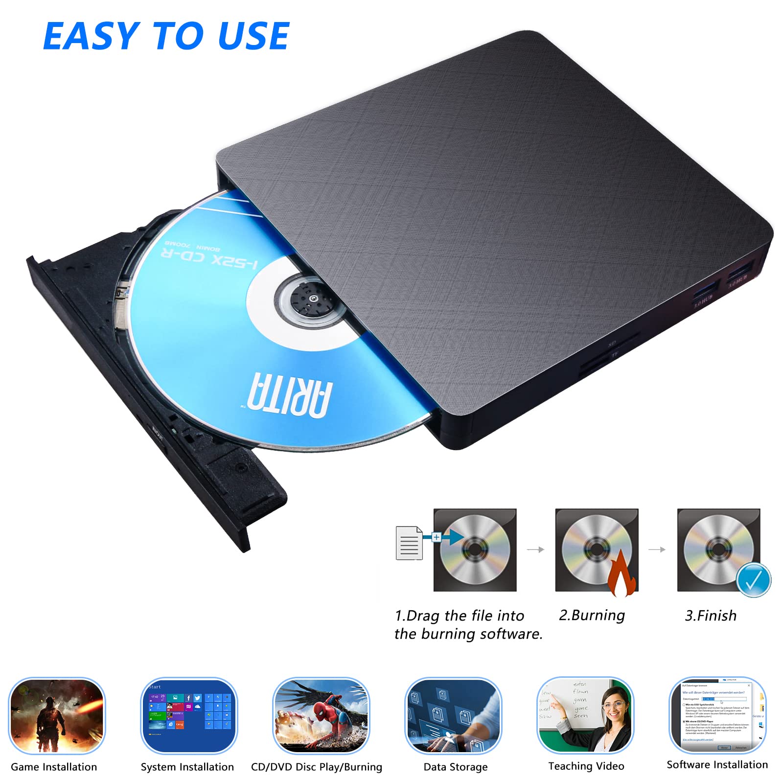 HATOKU External CD/DVD Drive for Laptop (USB 3.0 & USB-C): 8X DVD/24X CD Burner Writer - Portable DVD Player for Laptop - Plug & Play External CD Drive for PC Desktop Windows 11 10 8 7 MacOS Linux Black - Image 4