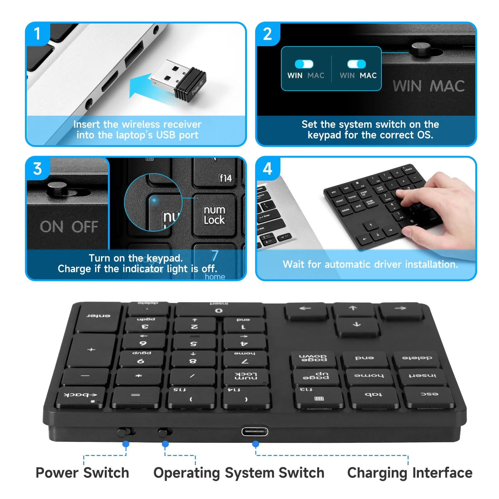 havit Wireless Number Pad for Laptop, Fully Compatible with Mac OS, iPad, Windows, and Android Devices – 2.4G Rechargeable 34-Key Numeric Keypad - Image 4