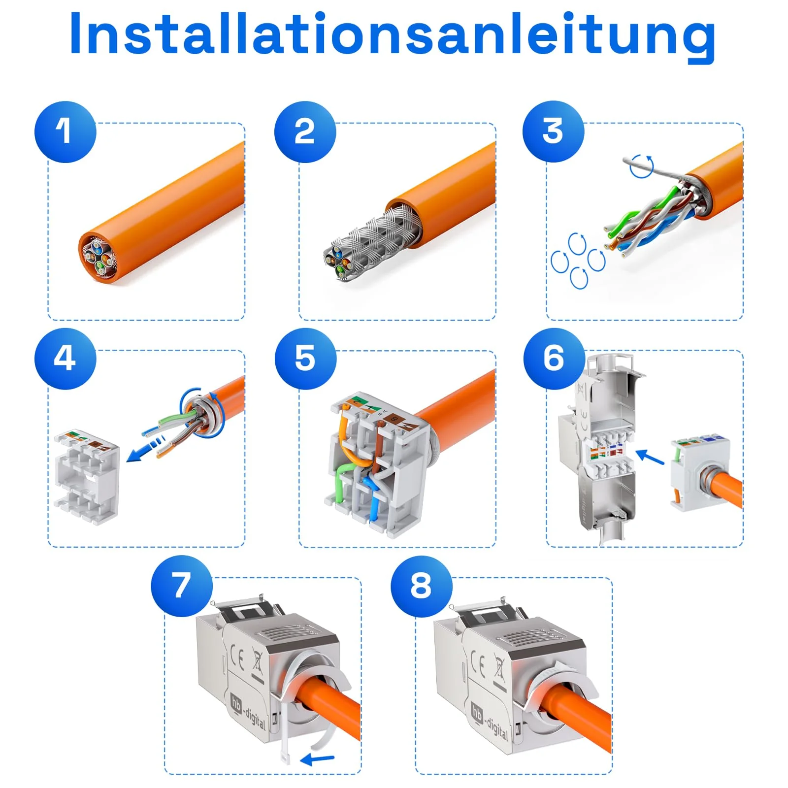 hb-digital 2 x CAT 6a Keystone Module RJ45 Socket STP 10 Gbit/s - Tool-Free LSA - with 1x 2-Port 35 mm DIN Rail Metal DIN Rail Adapter Keystone Holder Ethernet LAN Network Switch - Image 6