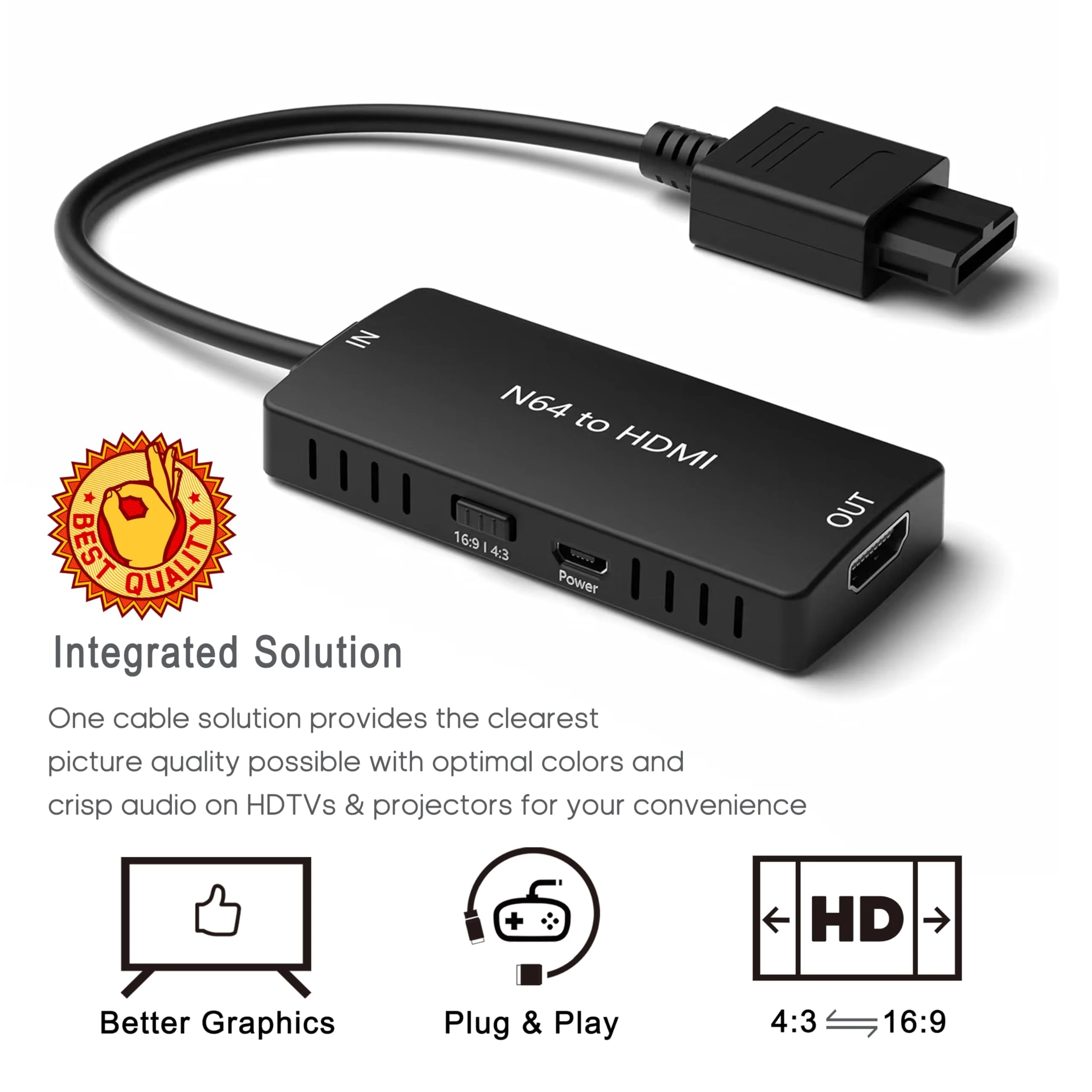 HD Link Cable for Gamecube, N64, SNES (3-in-1), HDMI Adapter with S-Video Signal Output (Better Video Quality), HD Converter with 4:3/16:9 Switch, 3IN1SNESNGCN64-02 Portable - Image 2