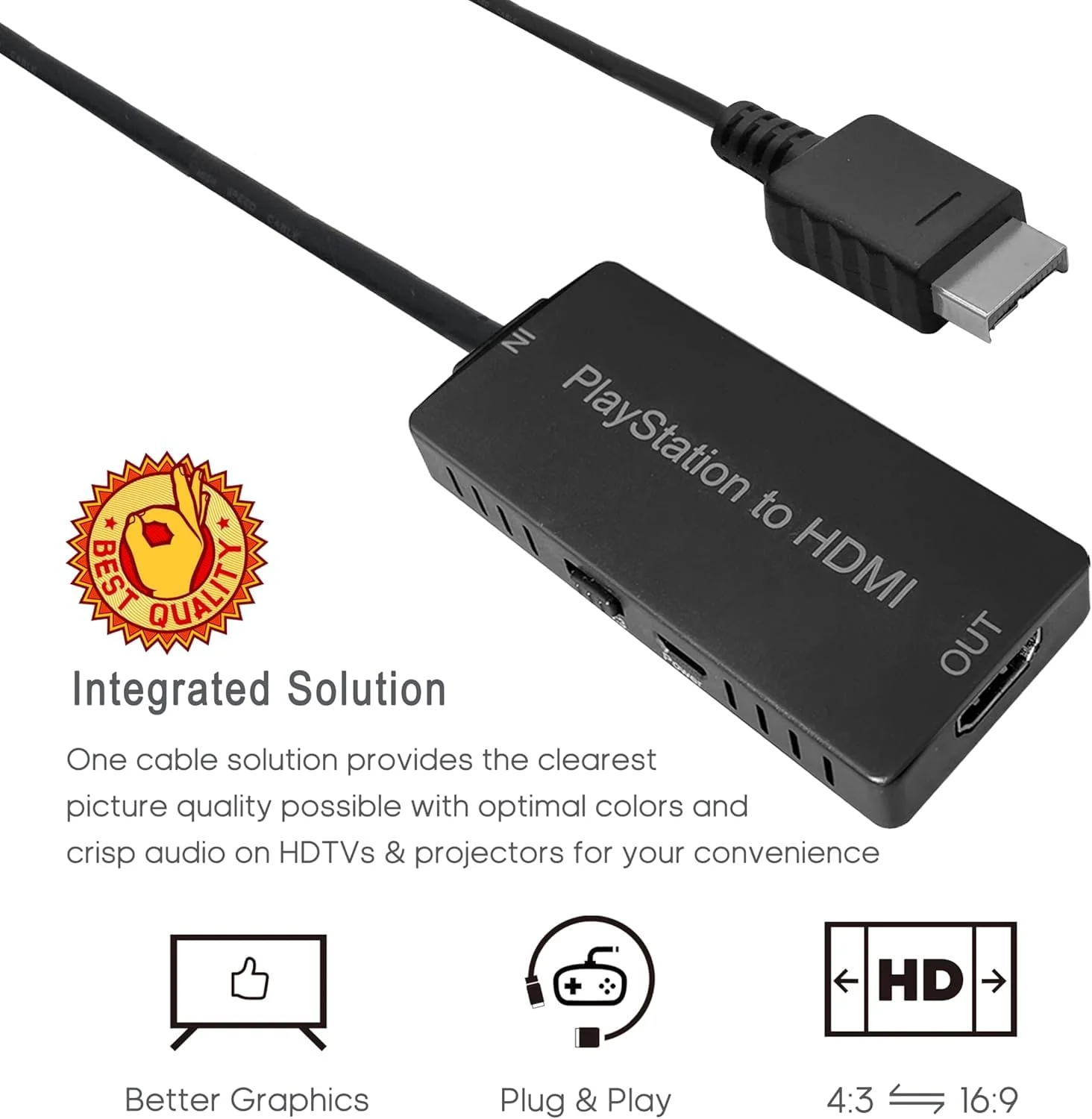 HD Link HDMI Cable for PlayStation 2 & for PlayStation 1 Console, for PS1/PS2 to HDMI Adapter Improved Video Quality, HD Converter with 4:3/16:9 Switch HDCABLEPS2-02 - Image 3