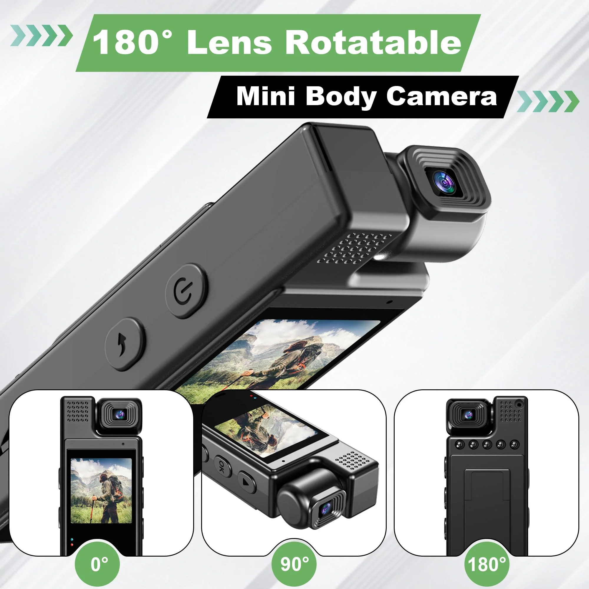 HD1080P Mini Body Camera 180° Rotatable Lens 6HR Battery Video Body Camcorder Motion Detection Night Auxiliary Lights Body Mounted Camera for Sports Cycling Security Police Law Enforcement - Image 2