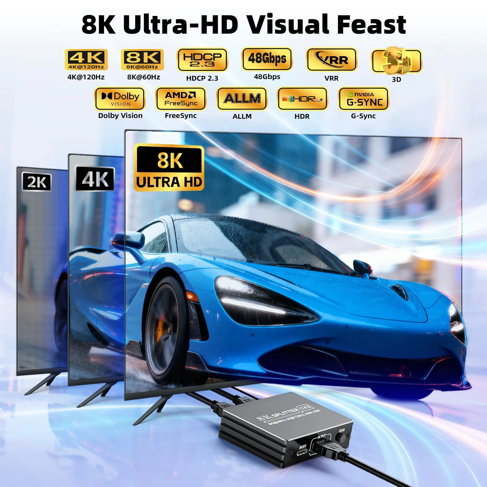 HDMI 2.1 Splitter 1 in 2 Out 4K 120Hz with 8K HDMI Cable and Power Adapter, BolAAzuL 8K 60Hz 1x2 HDMI Y Splitter with Audio Out for Dual Monitors Duplicate, Support HDCP 2.3 HDR for PS5/Xbox/PC/TV Splitter + HDMI Cablex1 - Image 2