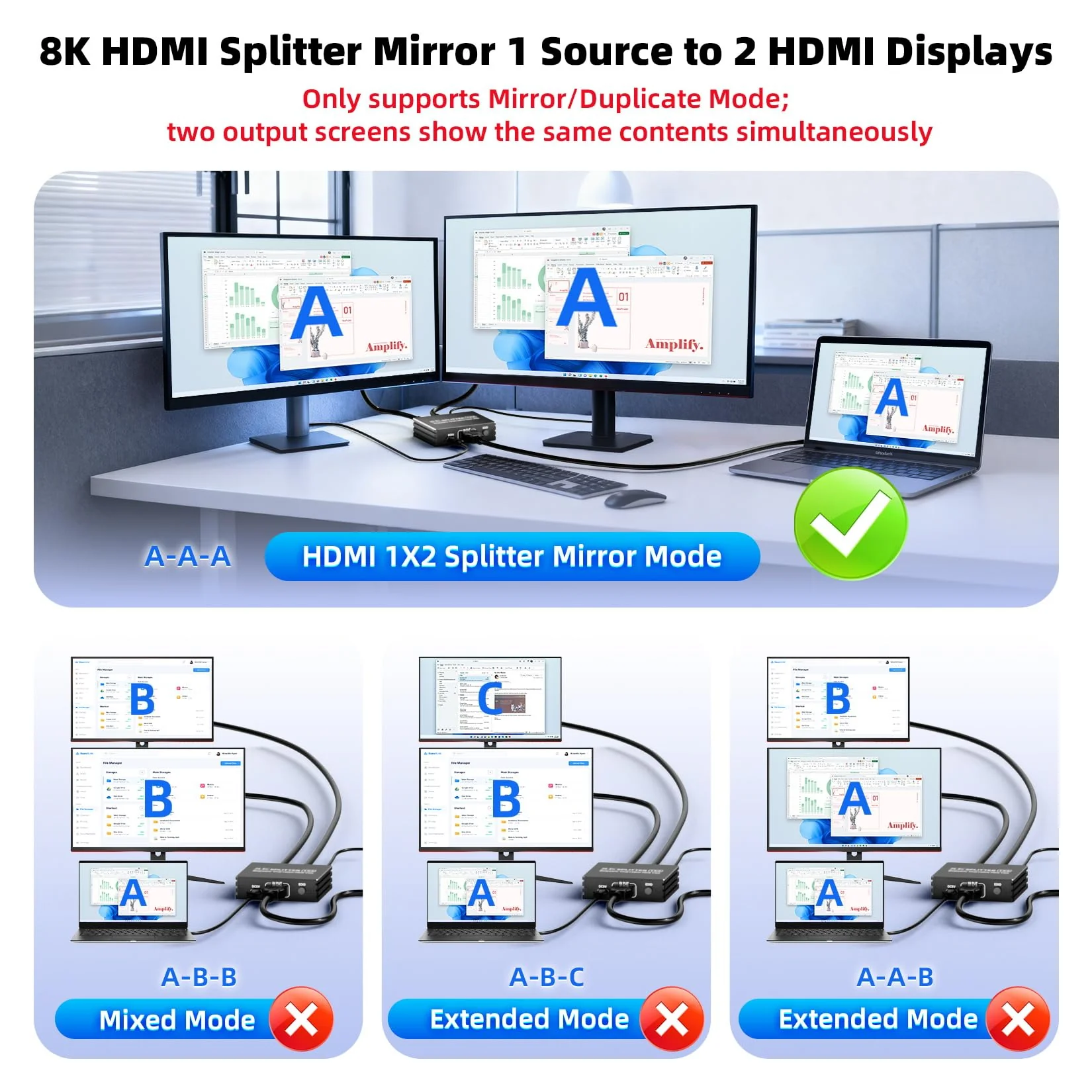 HDMI 2.1 Splitter 1 in 2 Out 4K 120Hz with 8K HDMI Cable and Power Adapter, BolAAzuL 8K 60Hz 1x2 HDMI Y Splitter with Audio Out for Dual Monitors Duplicate, Support HDCP 2.3 HDR for PS5/Xbox/PC/TV Splitter + HDMI Cablex1 - Image 4
