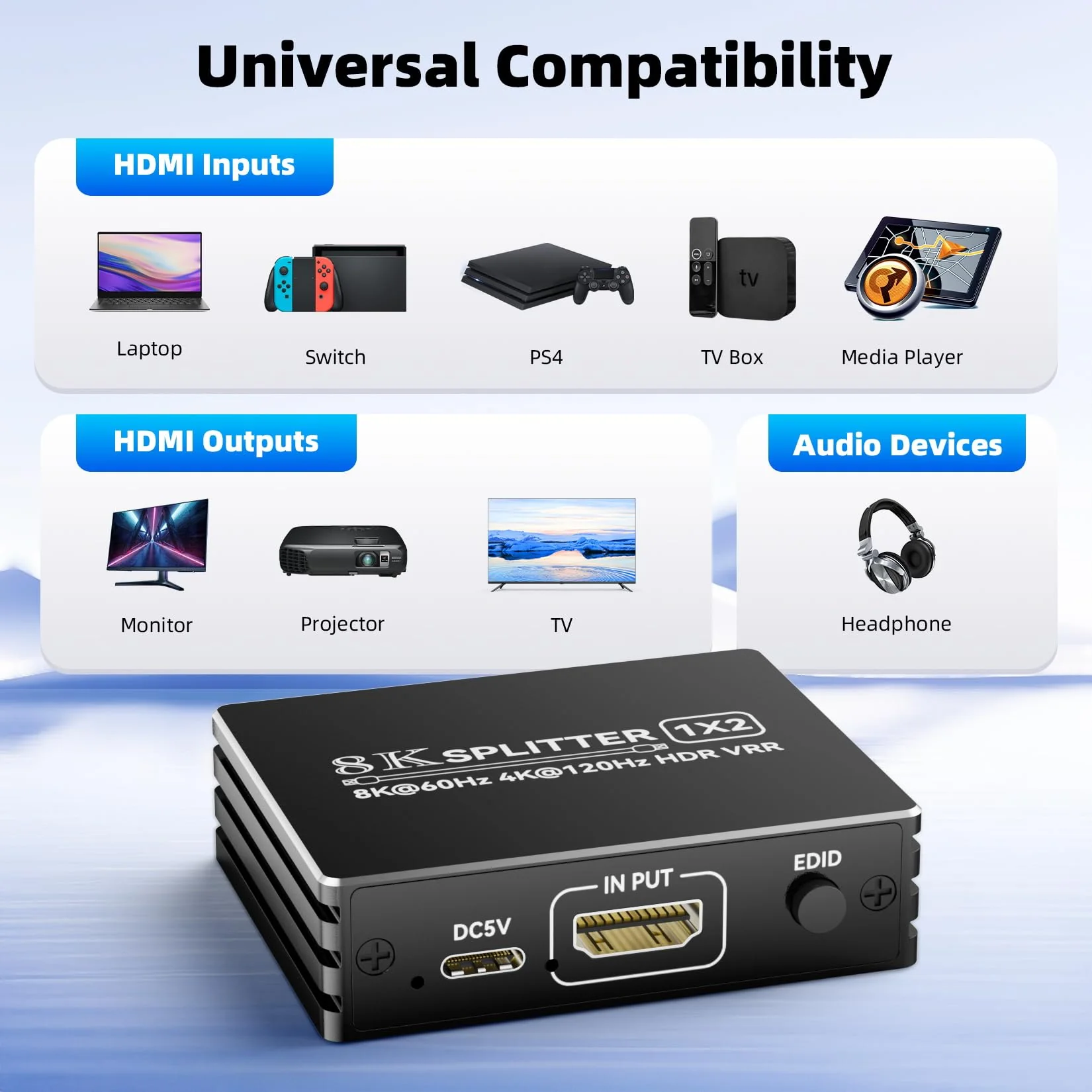 HDMI 2.1 Splitter 1 in 2 Out 4K 120Hz with 8K HDMI Cable and Power Adapter, BolAAzuL 8K 60Hz 1x2 HDMI Y Splitter with Audio Out for Dual Monitors Duplicate, Support HDCP 2.3 HDR for PS5/Xbox/PC/TV Splitter + HDMI Cablex1 - Image 8