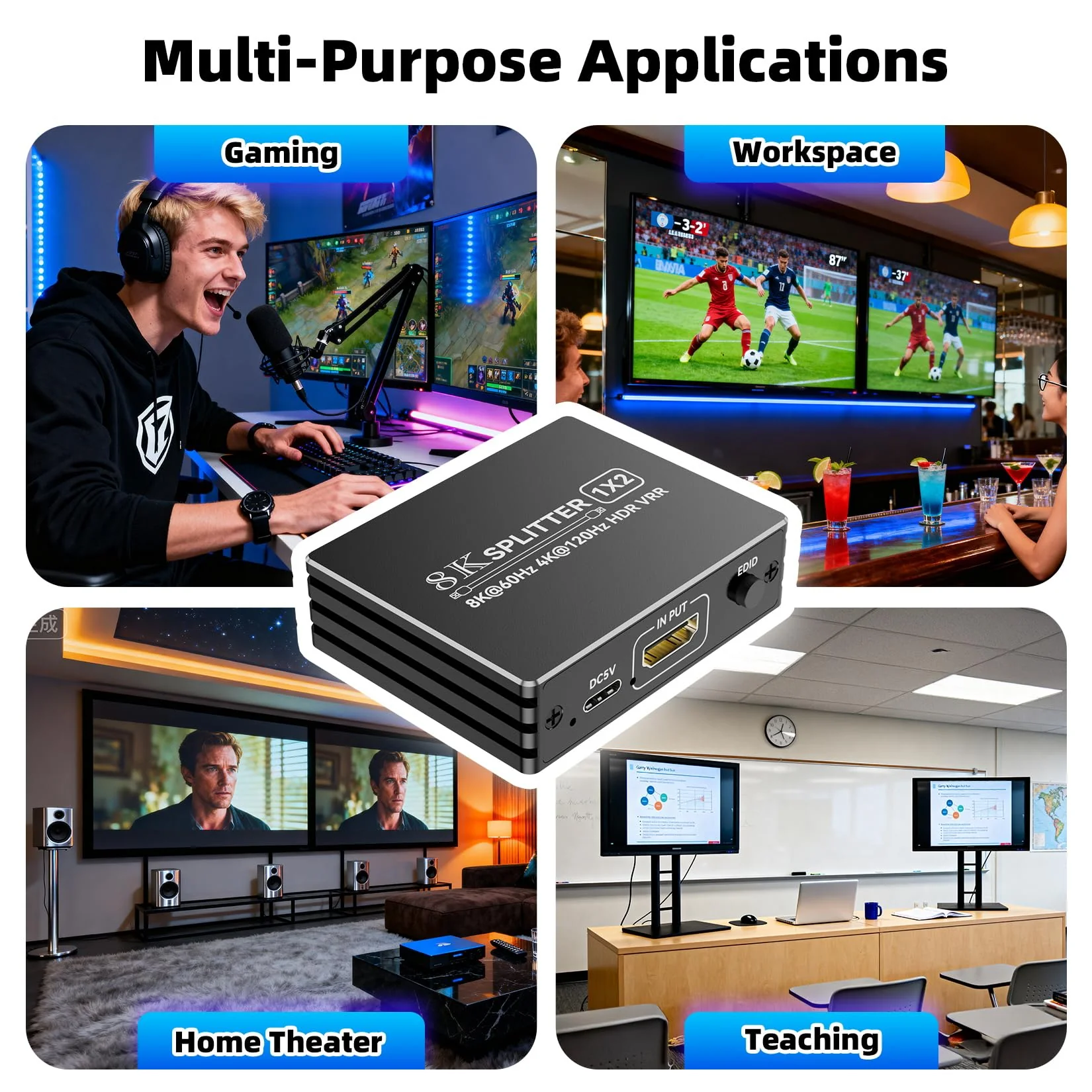 HDMI 2.1 Splitter 1 in 2 Out 4K 120Hz with 8K HDMI Cable and Power Adapter, BolAAzuL 8K 60Hz 1x2 HDMI Y Splitter with Audio Out for Dual Monitors Duplicate, Support HDCP 2.3 HDR for PS5/Xbox/PC/TV Splitter + HDMI Cablex1 - Image 9