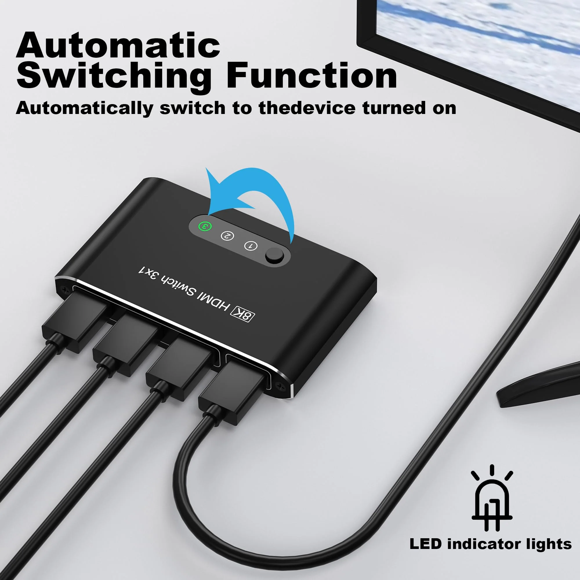 HDMI 2.1 Switch 3 in 1 Out,8K HDMI Splitter Switcher,Supports 4K@120Hz,8K@60Hz, 48Gbps Ultra HD HDMI Box, Aluminum Shell, Compatible with PS4/PS5, Xbox, Fire Stick, Apple TV, Roku, HD TV. 8KBlack - Image 3