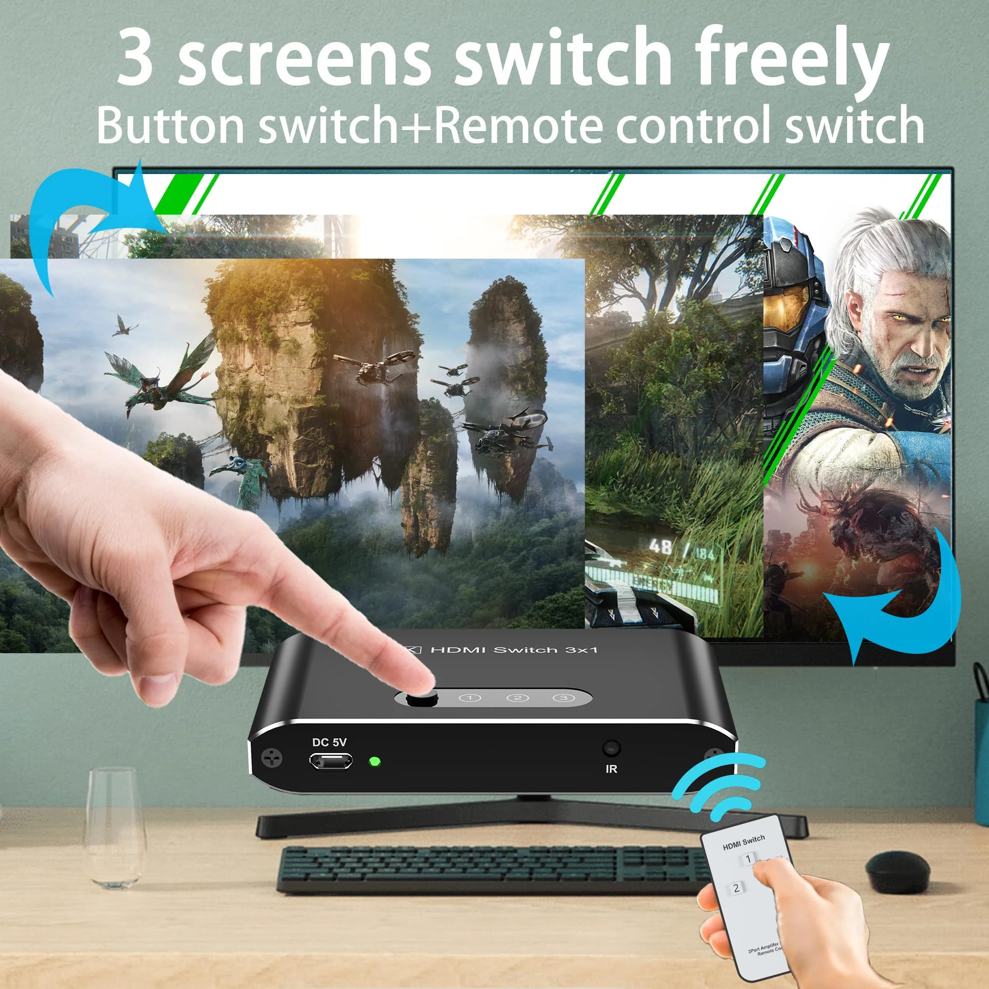 HDMI 2.1 Switch 3 in 1 Out,8K HDMI Splitter Switcher,Supports 4K@120Hz,8K@60Hz, 48Gbps Ultra HD HDMI Box, Aluminum Shell, Compatible with PS4/PS5, Xbox, Fire Stick, Apple TV, Roku, HD TV. 8KBlack - Image 5