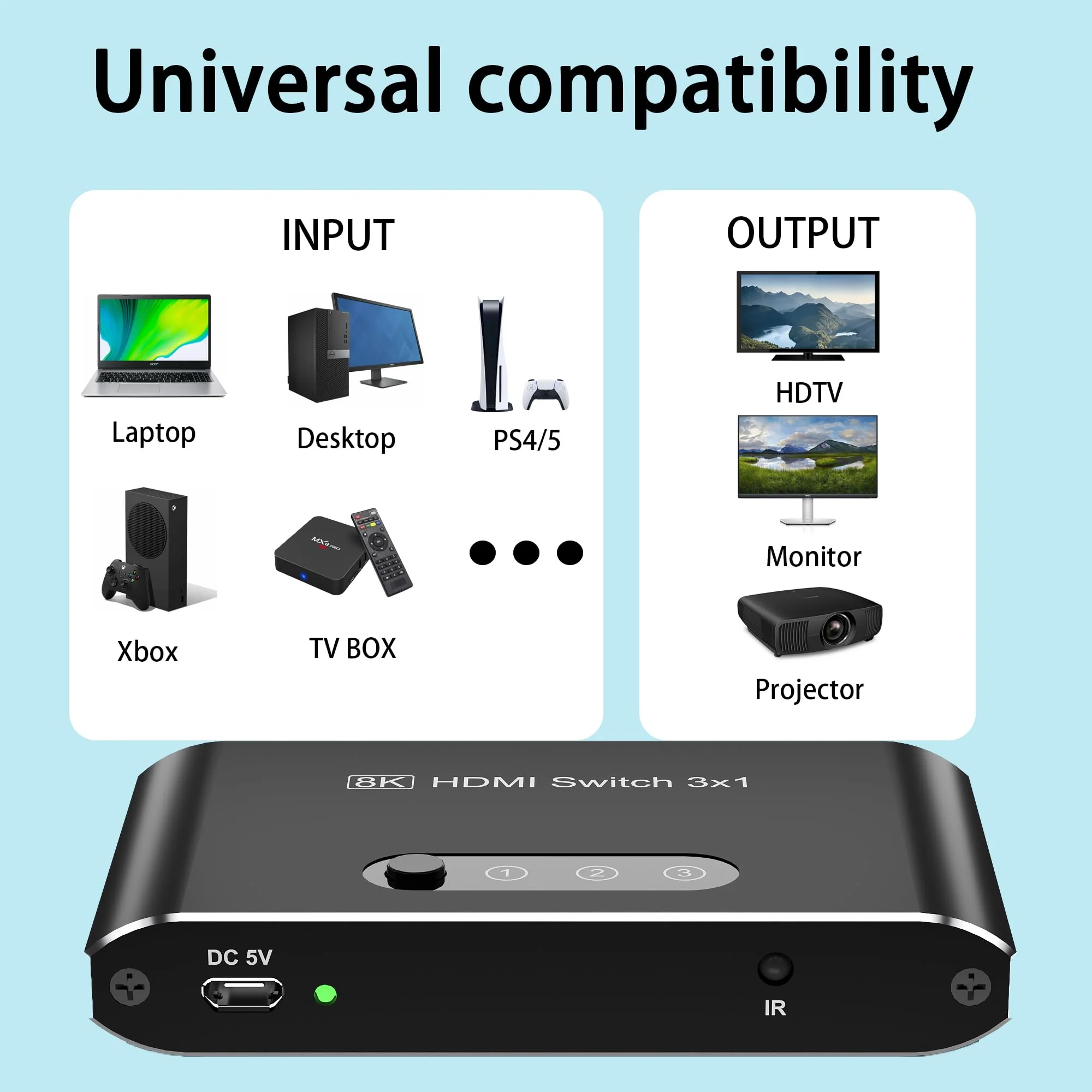 HDMI 2.1 Switch 3 in 1 Out,8K HDMI Splitter Switcher,Supports 4K@120Hz,8K@60Hz, 48Gbps Ultra HD HDMI Box, Aluminum Shell, Compatible with PS4/PS5, Xbox, Fire Stick, Apple TV, Roku, HD TV. 8KBlack - Image 6
