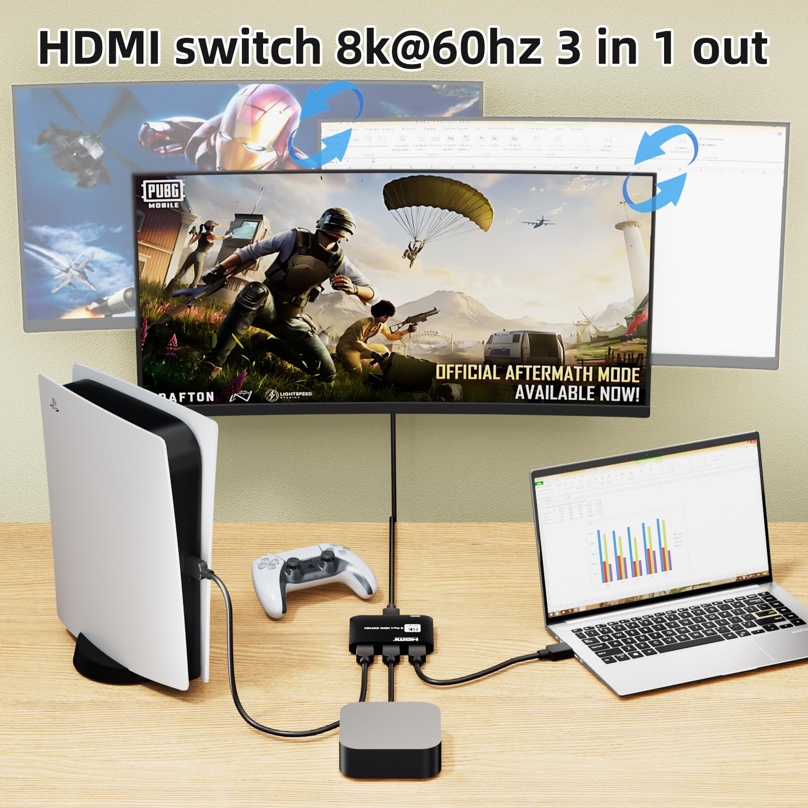 HDMI 2.1 Switch 3 in 1 Out 8k60Hz,3 Port HDMI Switcher 4K@144Hz, 48Gbps,VRR, Dynamic HDR, HDCP 2.3，for PS5/Xbox Series X/Apple TV 8K/Roku Ultra/Fire Stick 8K Max - Image 2