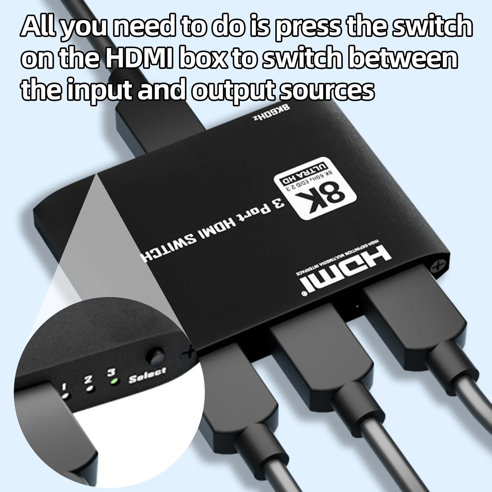 HDMI 2.1 Switch 3 in 1 Out 8k60Hz,3 Port HDMI Switcher 4K@144Hz, 48Gbps,VRR, Dynamic HDR, HDCP 2.3，for PS5/Xbox Series X/Apple TV 8K/Roku Ultra/Fire Stick 8K Max - Image 4