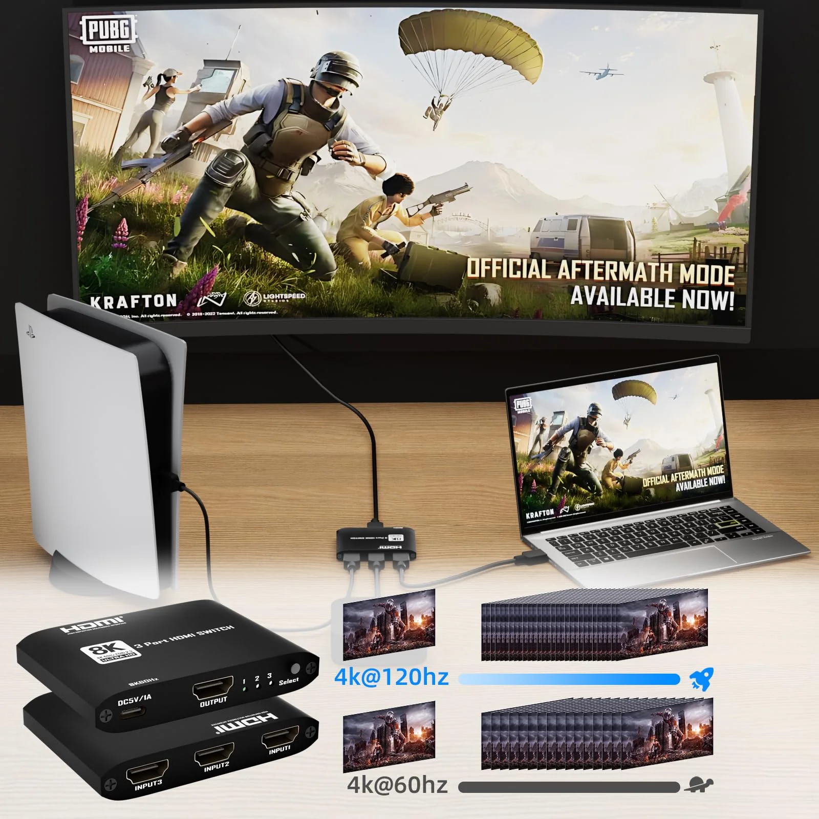 HDMI 2.1 Switch 3 in 1 Out 8k60Hz,3 Port HDMI Switcher 4K@144Hz, 48Gbps,VRR, Dynamic HDR, HDCP 2.3，for PS5/Xbox Series X/Apple TV 8K/Roku Ultra/Fire Stick 8K Max - Image 5