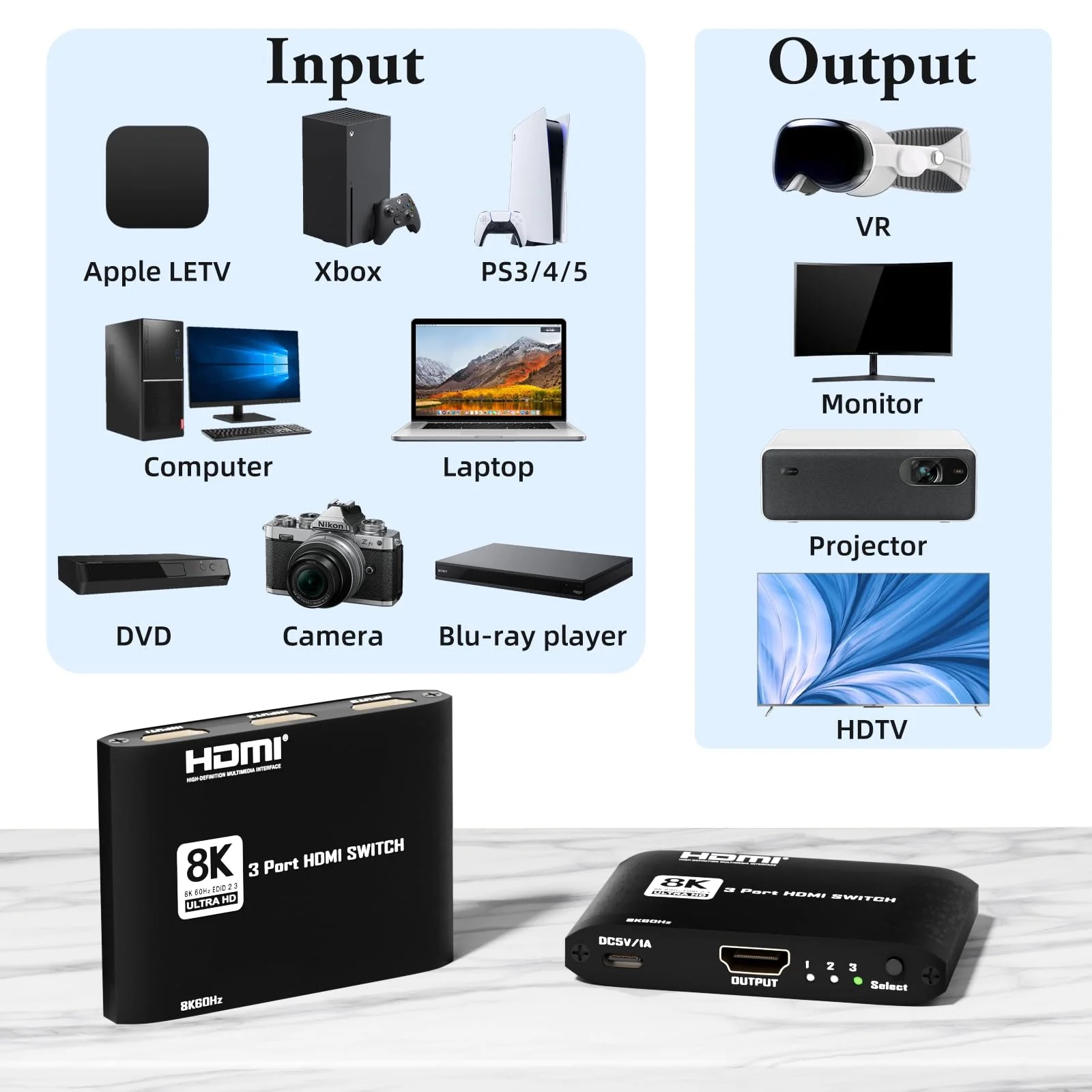HDMI 2.1 Switch 3 in 1 Out 8k60Hz,3 Port HDMI Switcher 4K@144Hz, 48Gbps,VRR, Dynamic HDR, HDCP 2.3，for PS5/Xbox Series X/Apple TV 8K/Roku Ultra/Fire Stick 8K Max - Image 6