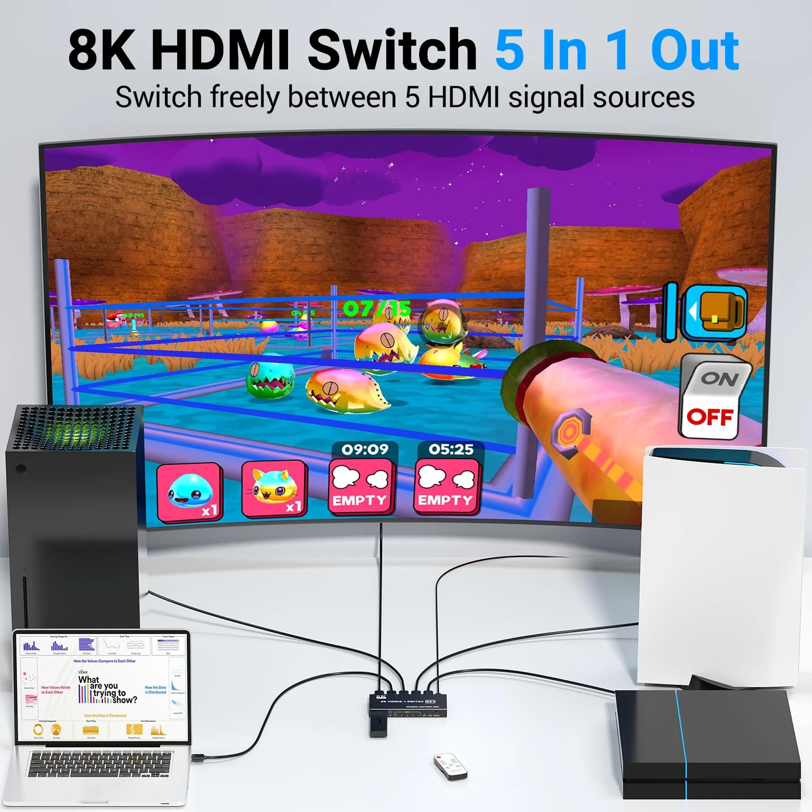 HDMI 2.1 Switch 5x1, 8K HDMI Switch 5 in 1 Out, Support 8K/60Hz 4K/120Hz HDCP 2.3 HDR10, 5-Port HDMI Switcher Selector Box Compatible with PS3/4/5, Fire Stick, DVD, Xbox Switch and Other HDMI Devices 8k 5 in 1 out - Image 2