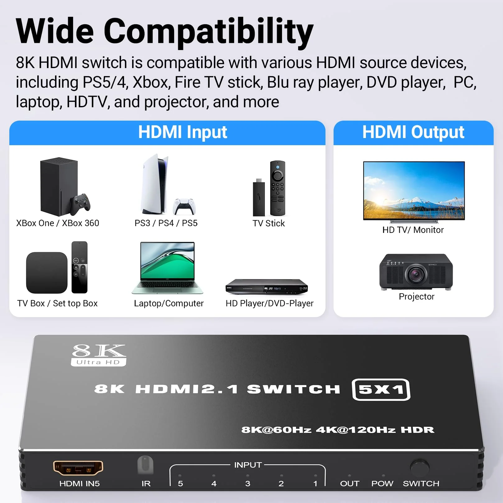 HDMI 2.1 Switch 5x1, 8K HDMI Switch 5 in 1 Out, Support 8K/60Hz 4K/120Hz HDCP 2.3 HDR10, 5-Port HDMI Switcher Selector Box Compatible with PS3/4/5, Fire Stick, DVD, Xbox Switch and Other HDMI Devices 8k 5 in 1 out - Image 3
