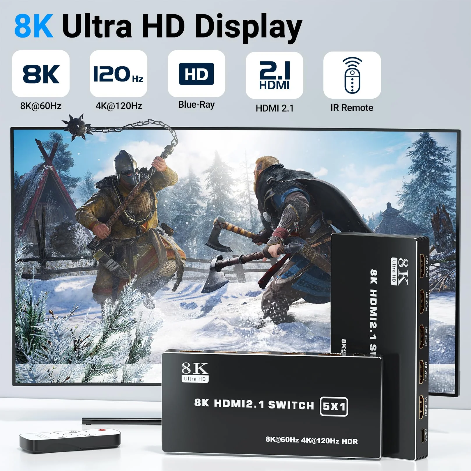 HDMI 2.1 Switch 5x1, 8K HDMI Switch 5 in 1 Out, Support 8K/60Hz 4K/120Hz HDCP 2.3 HDR10, 5-Port HDMI Switcher Selector Box Compatible with PS3/4/5, Fire Stick, DVD, Xbox Switch and Other HDMI Devices 8k 5 in 1 out - Image 4
