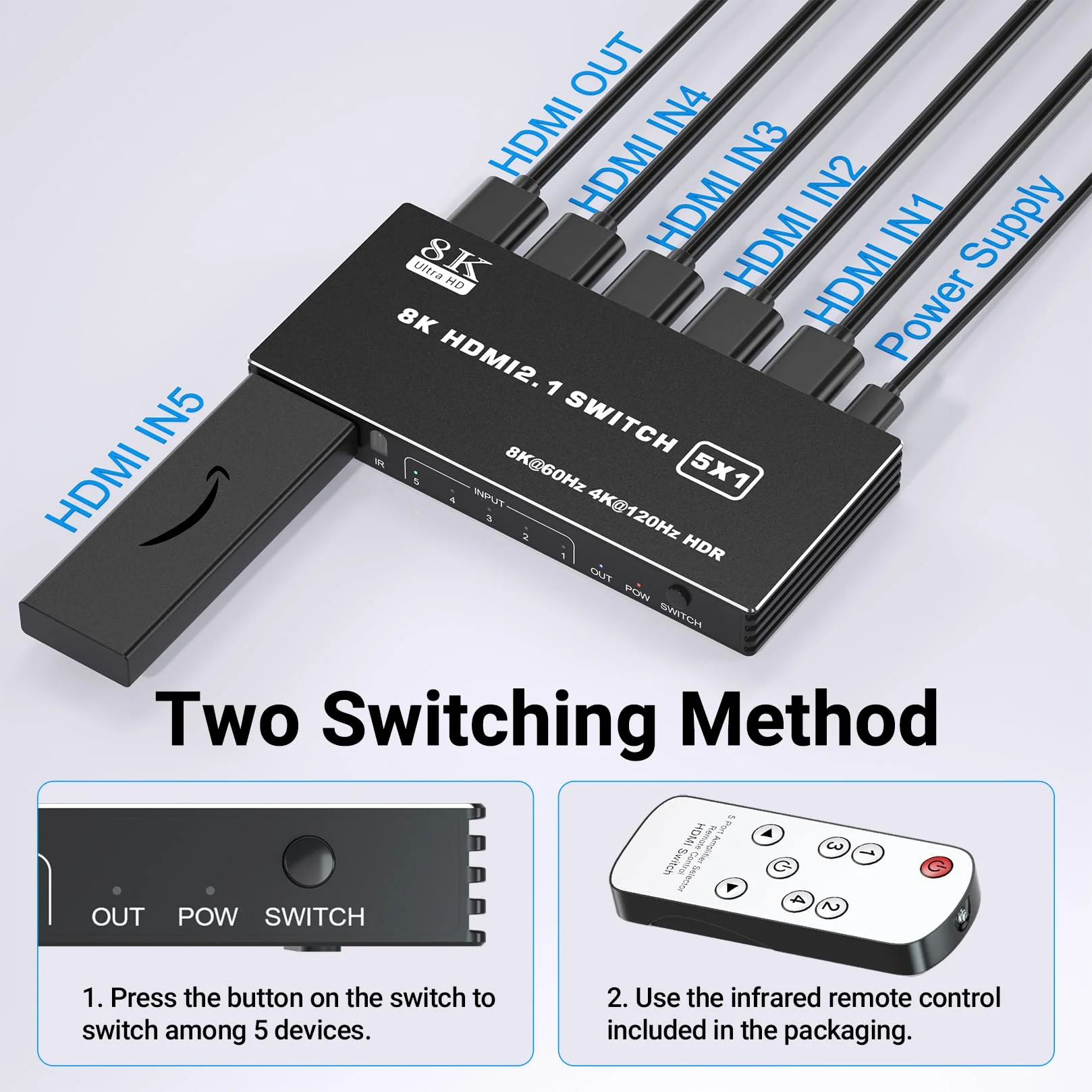 HDMI 2.1 Switch 5x1, 8K HDMI Switch 5 in 1 Out, Support 8K/60Hz 4K/120Hz HDCP 2.3 HDR10, 5-Port HDMI Switcher Selector Box Compatible with PS3/4/5, Fire Stick, DVD, Xbox Switch and Other HDMI Devices 8k 5 in 1 out - Image 5