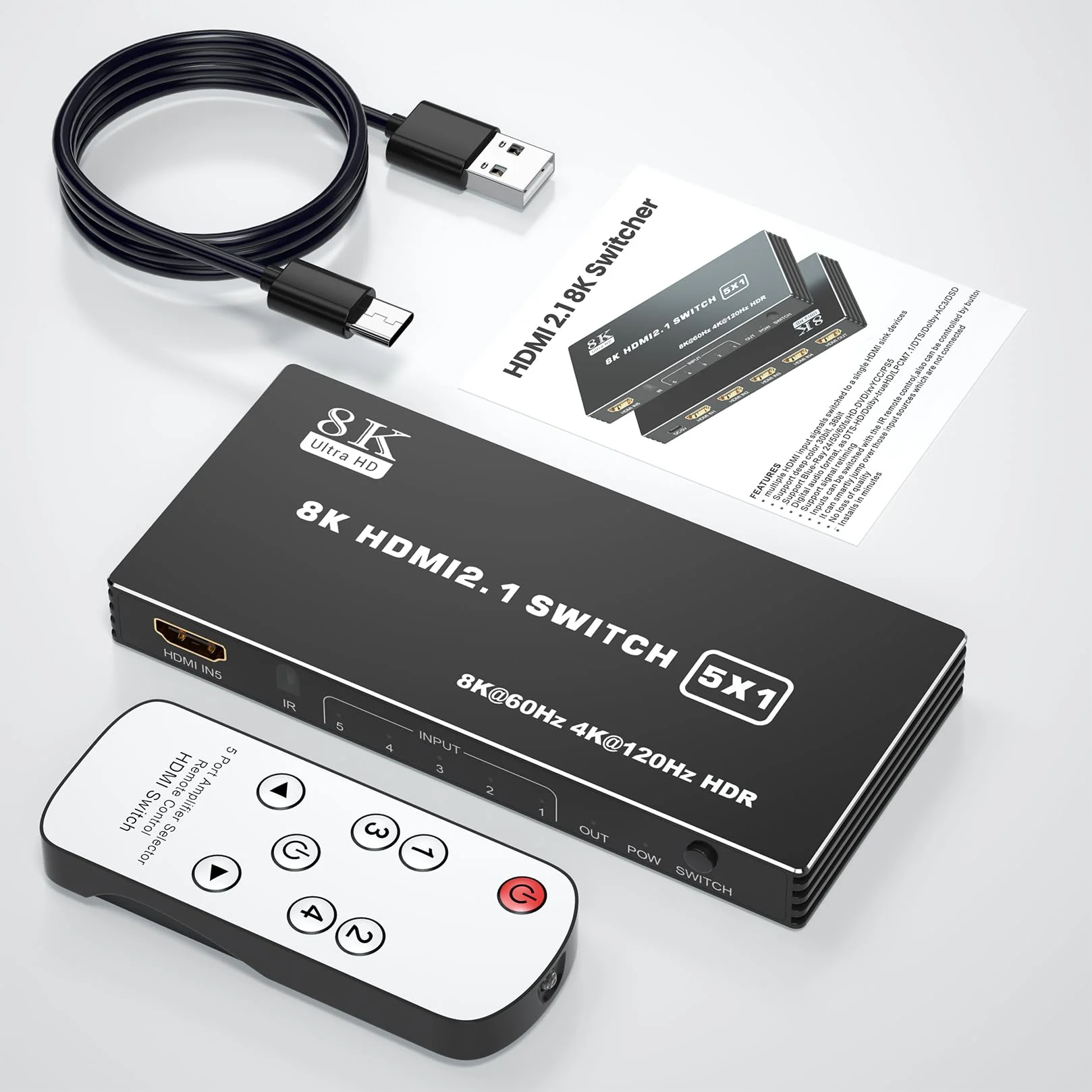 HDMI 2.1 Switch 5x1, 8K HDMI Switch 5 in 1 Out, Support 8K/60Hz 4K/120Hz HDCP 2.3 HDR10, 5-Port HDMI Switcher Selector Box Compatible with PS3/4/5, Fire Stick, DVD, Xbox Switch and Other HDMI Devices 8k 5 in 1 out - Image 7