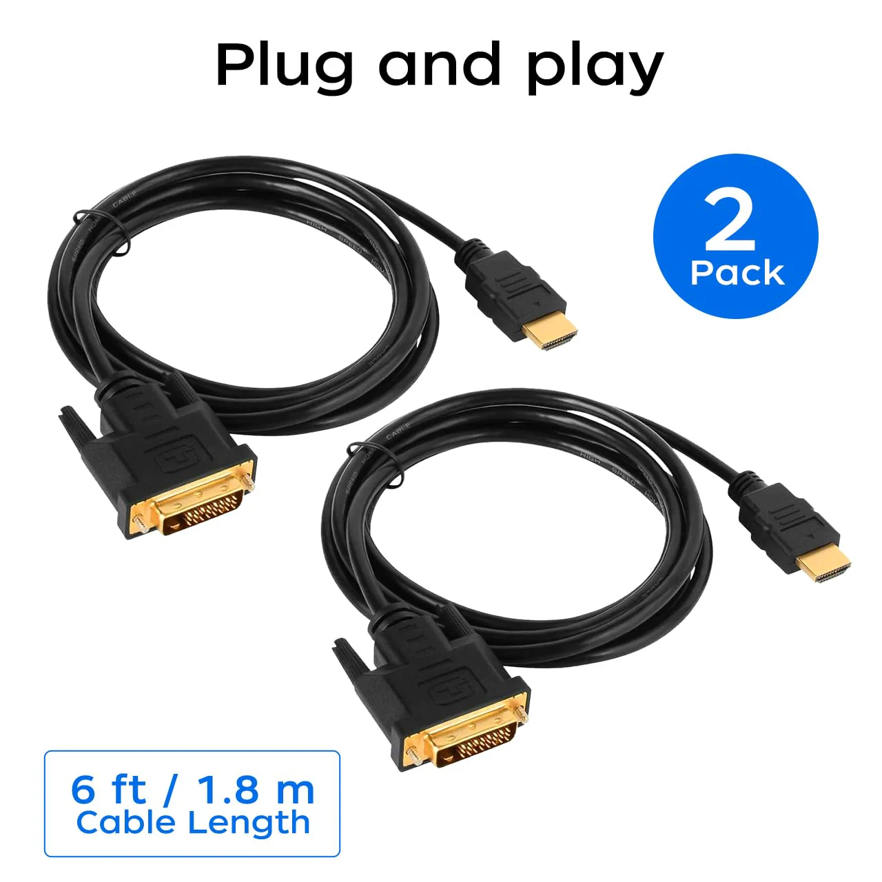 HDMI A to DVI Adapter Cable 6ft, 2 Pack Bi-Directional 1080 DVI-D to HDMI Cable Male to Male, High-Speed Gold-Plated HDMI to DVI for Raspberry Pi, Roku, X-Box One, PS3/4/5, Graphics Card - Image 7