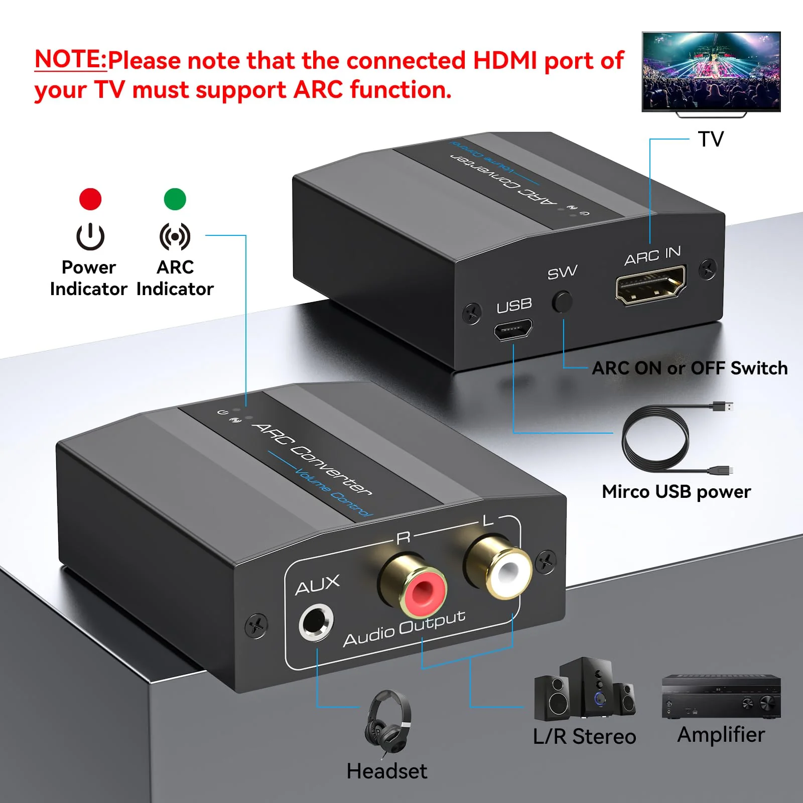 HDMI ARC Adapter 4K60Hz HDMI ARC Audio Extractor with 3.5mm and L R Stereo Audio for HDTV Soundbar Speaker Amplifier M HDMI ARC Adapter - Image 2