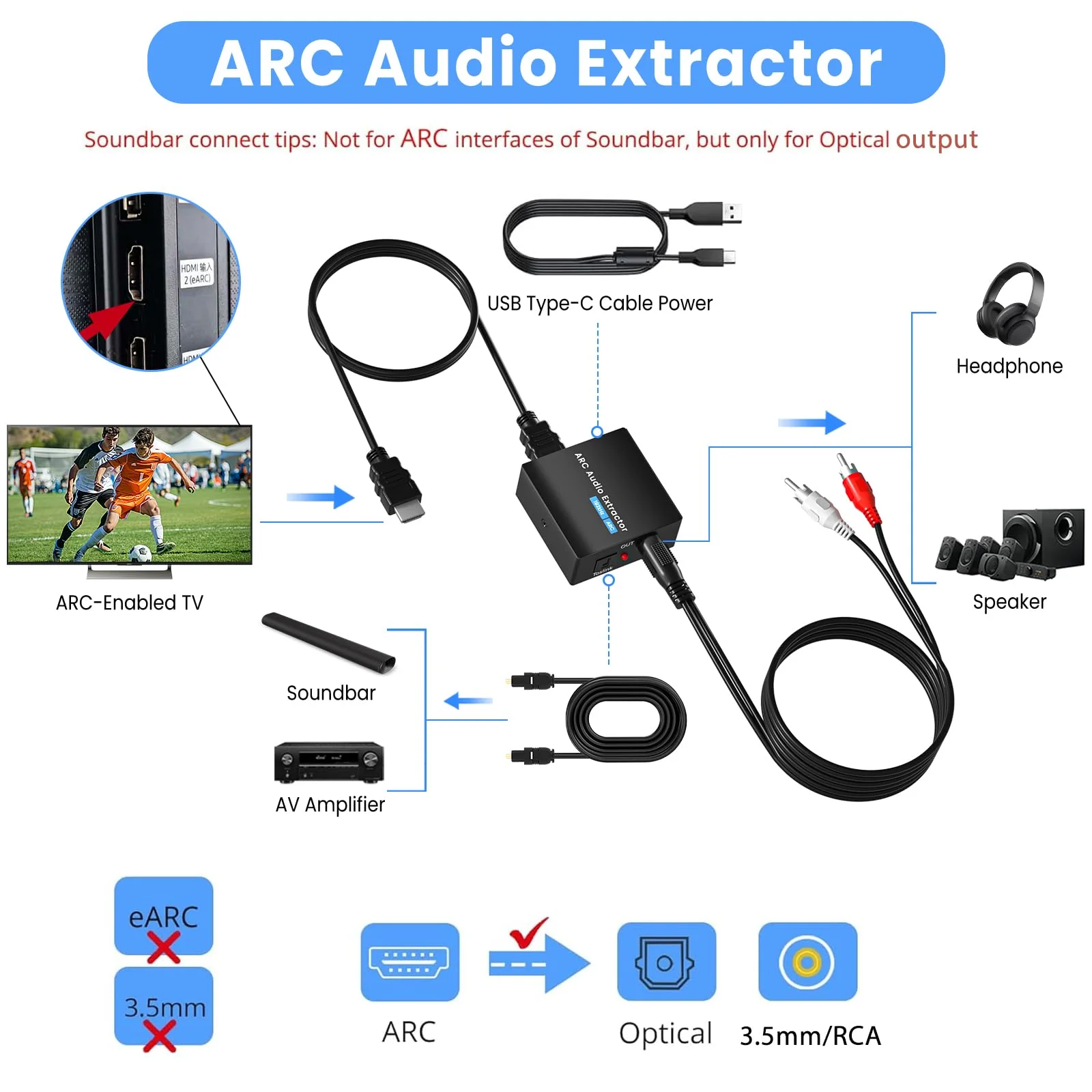 HDMI ARC Audio Extractor 192 KHz ARC Audio Adapter with SPDIF + 3.5mm AUX RCA Audio Output HDMI ARC to Optical Audio Adapter with Audio Cable Support Blue-Ray Play Soundbar ARC-3 Brownish 1 - Image 3