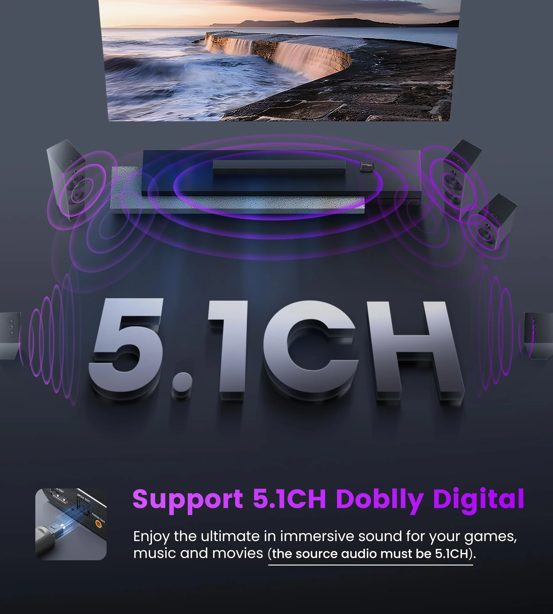 HDMI ARC Audio Extractor 4K@60Hz, HDMI to HDMI + Optical Toslink SPDIF + 3.5mm AUX Jack Stereo Audio Adapter, HDMI Audio Converter Splitter Inserter Embedder Support HDCP2.2 Digital PCM DTS 5.1 - Image 5