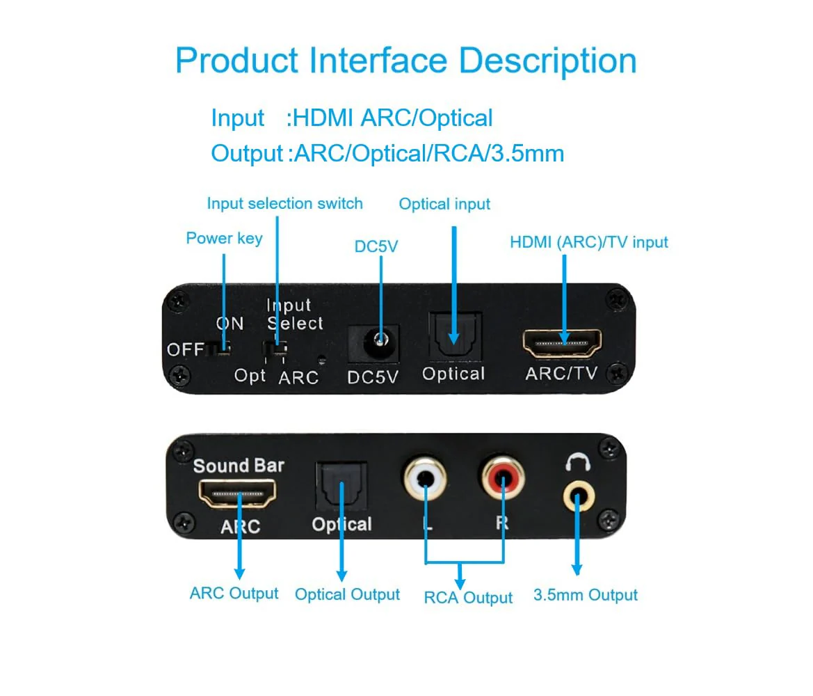 HDMI Arc Audio Extractor/Adapter 192KHz, Digital Optical to Analog Audio DAC Converter, HDMI ARC to RCA/Optical/3.5mm/Soundbar, Optical to RCA/3.5mm Jack - Image 4