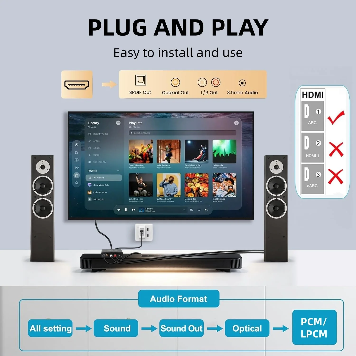 HDMI ARC Audio Extractor, XinYaa 192KHz ARC Audio Extractor DAC Converter, Digital to Analog Audio Converter, Optical/SPDIF Coaxial HDMI ARC to Optical/SPDIF Coaxial Stereo L/R 3.5mm Jack for TV ARC-02 1 - Image 7